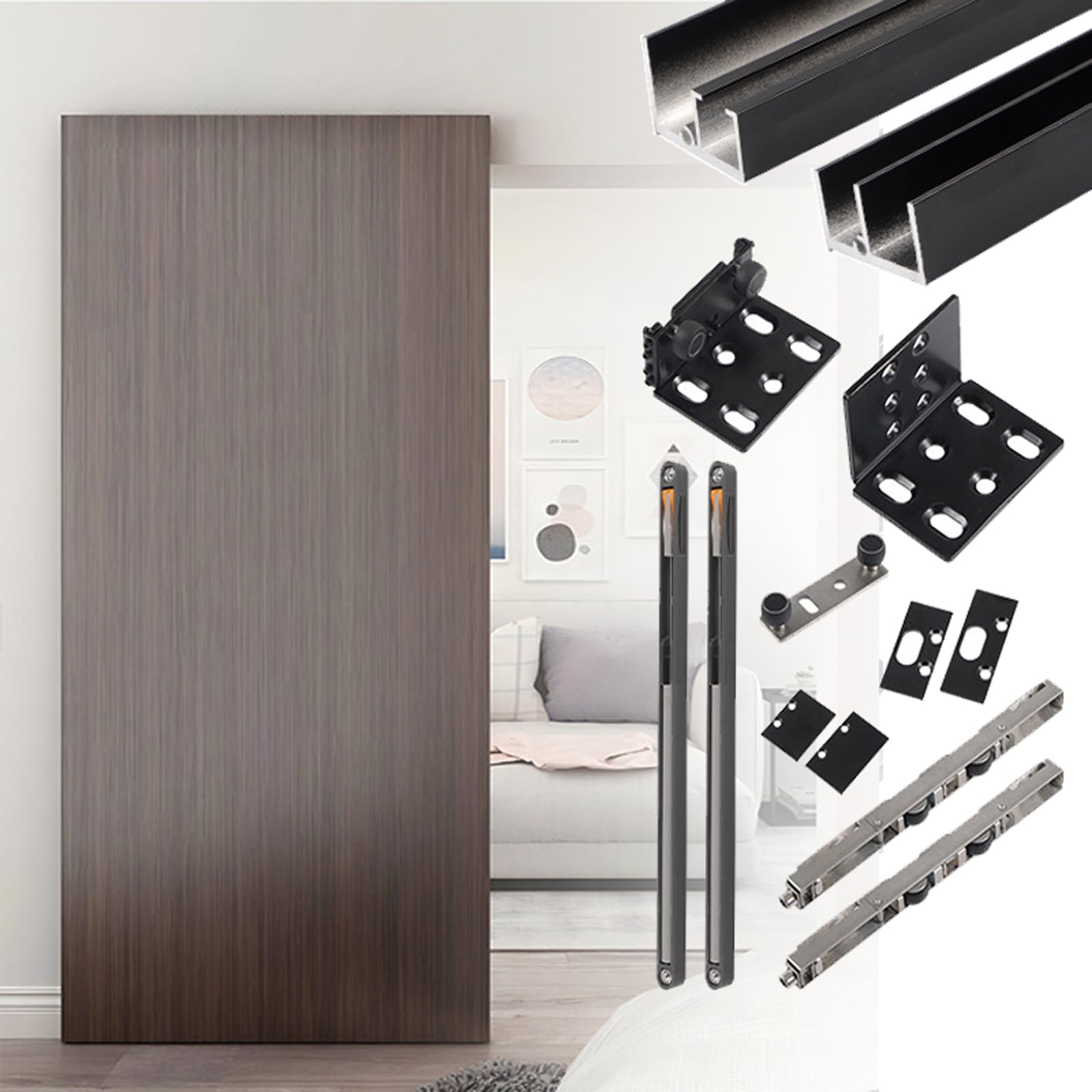 Xalteafe Track Less Sliding Ghoste Door,Sliding Hidden Door Track,Soft Close Barn Door Hardware Kit,Soft Close Invisible By-Passing Door Rail,Invisible Floor Track,for Bedroom/Bathroom/Laundry