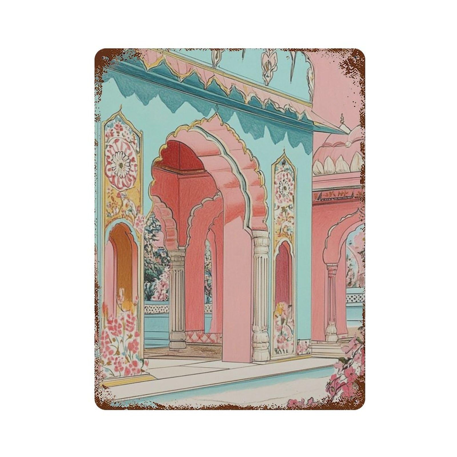 xiaoxiaoshen Jaipur Palace Indian Architecture Pink Arches Courtyard Work Vibrant Travel Styl Wall Decor Art Metal Tin Poster Modern Home Decor Art Home Bar Shop Decorations Vintage Sign 40x30cm