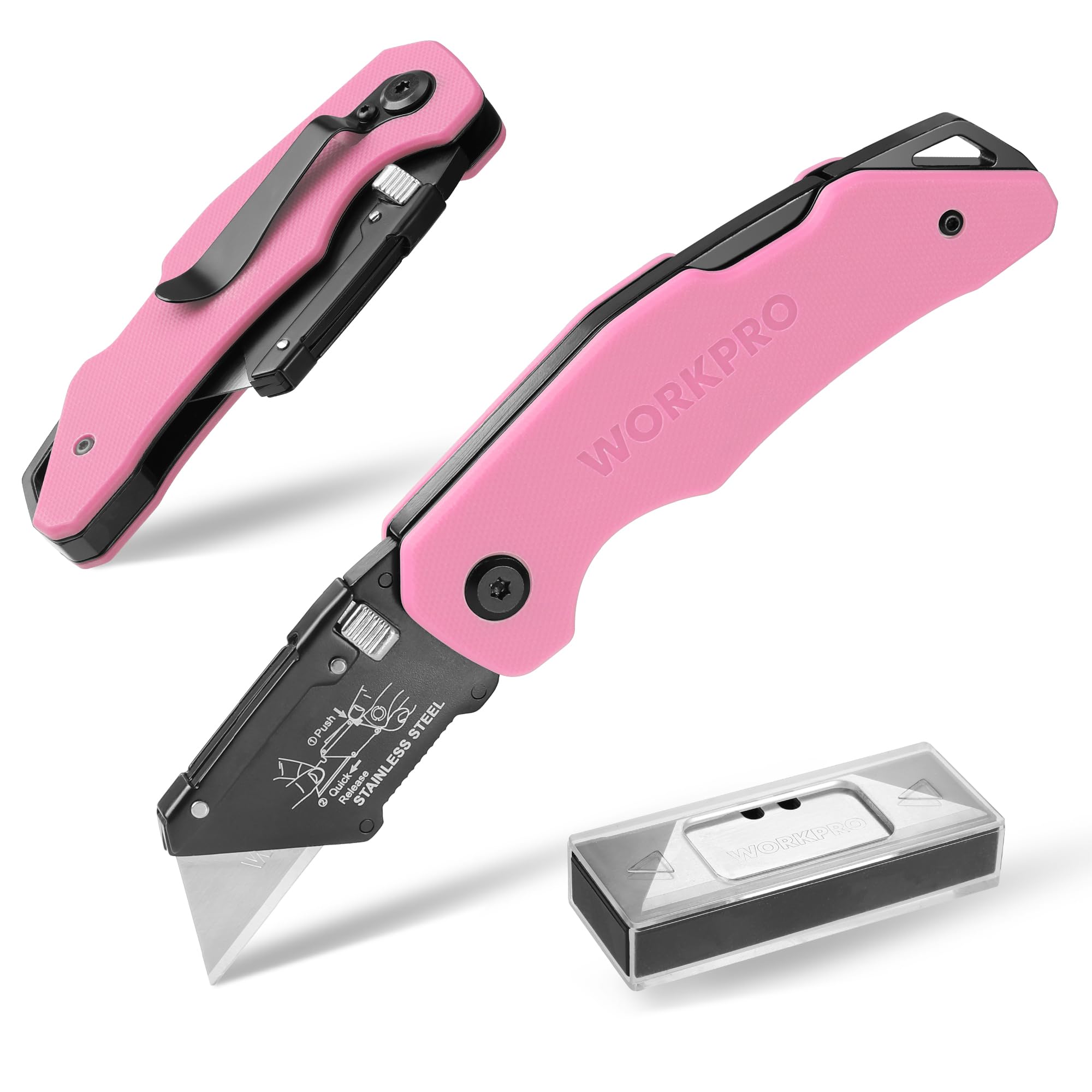 WORKPRO Folding Utility Knife G10 Handle with Stainless Steel Head, Quick-change Blade & Back Lock, Heavy Duty Box Cutter, 1PC Razor Knife with Extra 10PC SK5 Blades