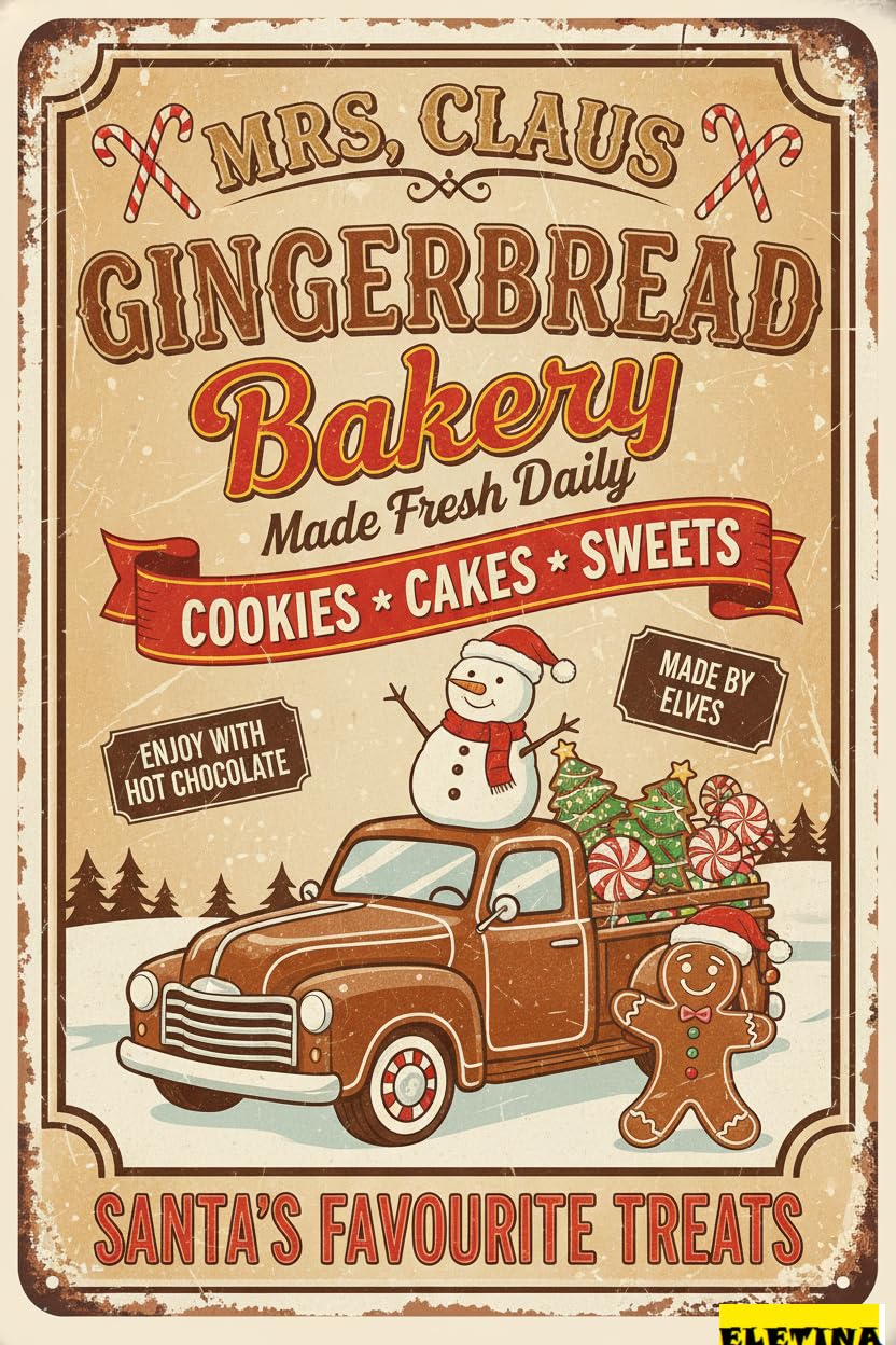 Vintage Metal Tin Sign Retro Gingerbread Bakery Home Indoor Outdoor Decor - Farmhouse Christmas Porch 8x12 In
