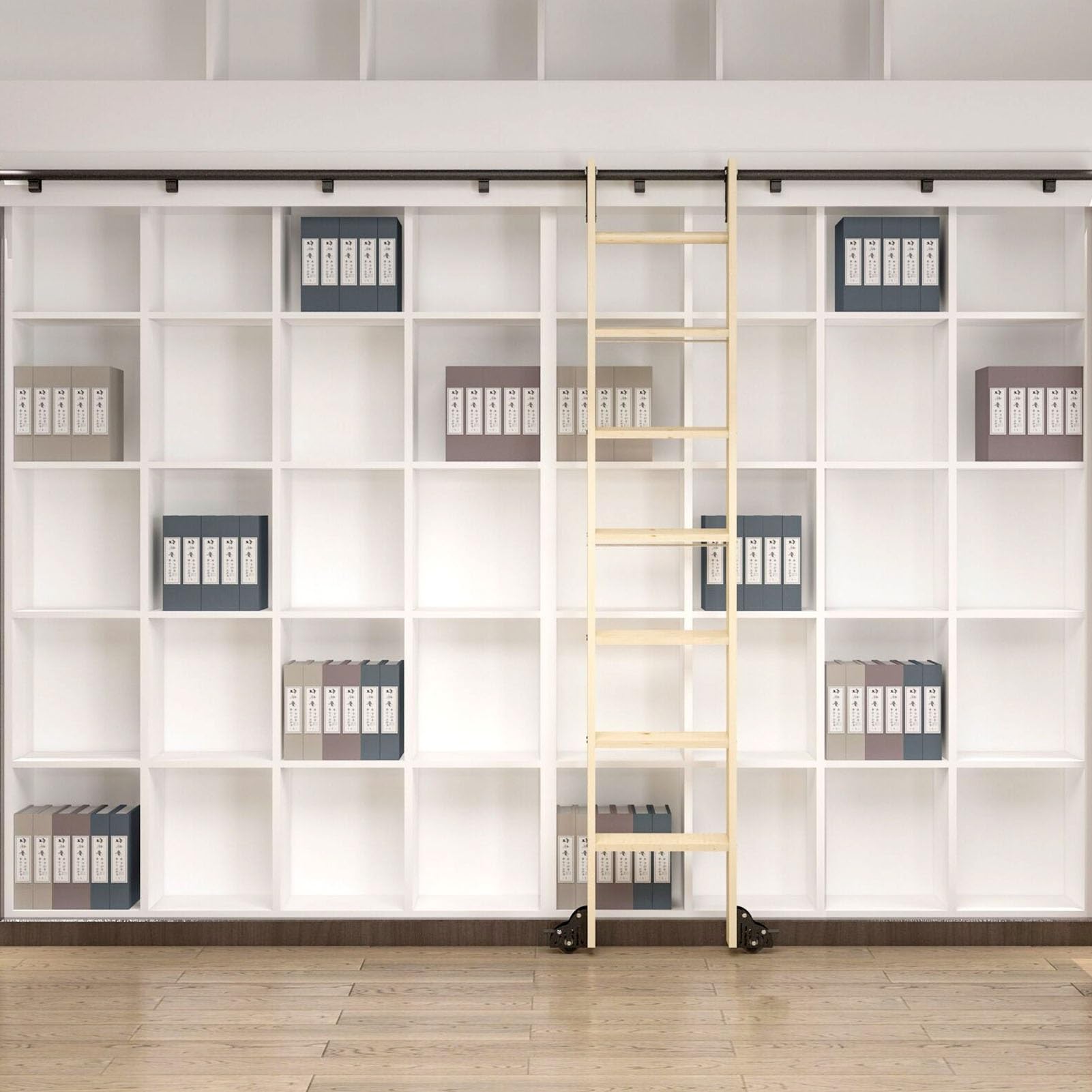 Rolling Ladder Hardware Sliding Barn Library Ladder Accessories Movable Furniture Hardware for Library, Black Hook on Rolling Ladder Track Kit (No Ladder), Floor Wheels with Brake(Size:4ft/1.22m track