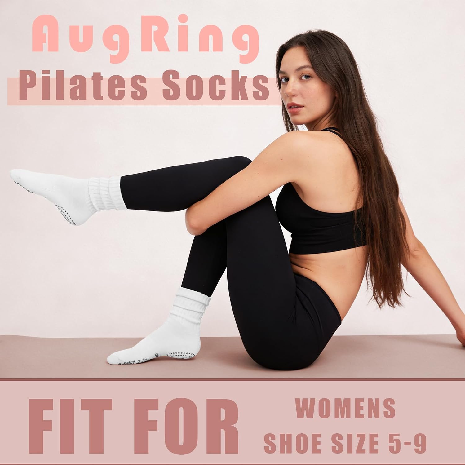 AugRing Scrunch Crew Pilates Socks with Grips for Women – Non-Slip Slouch Yoga Barre Gym Workout Cozy Cotton Hospital Socks