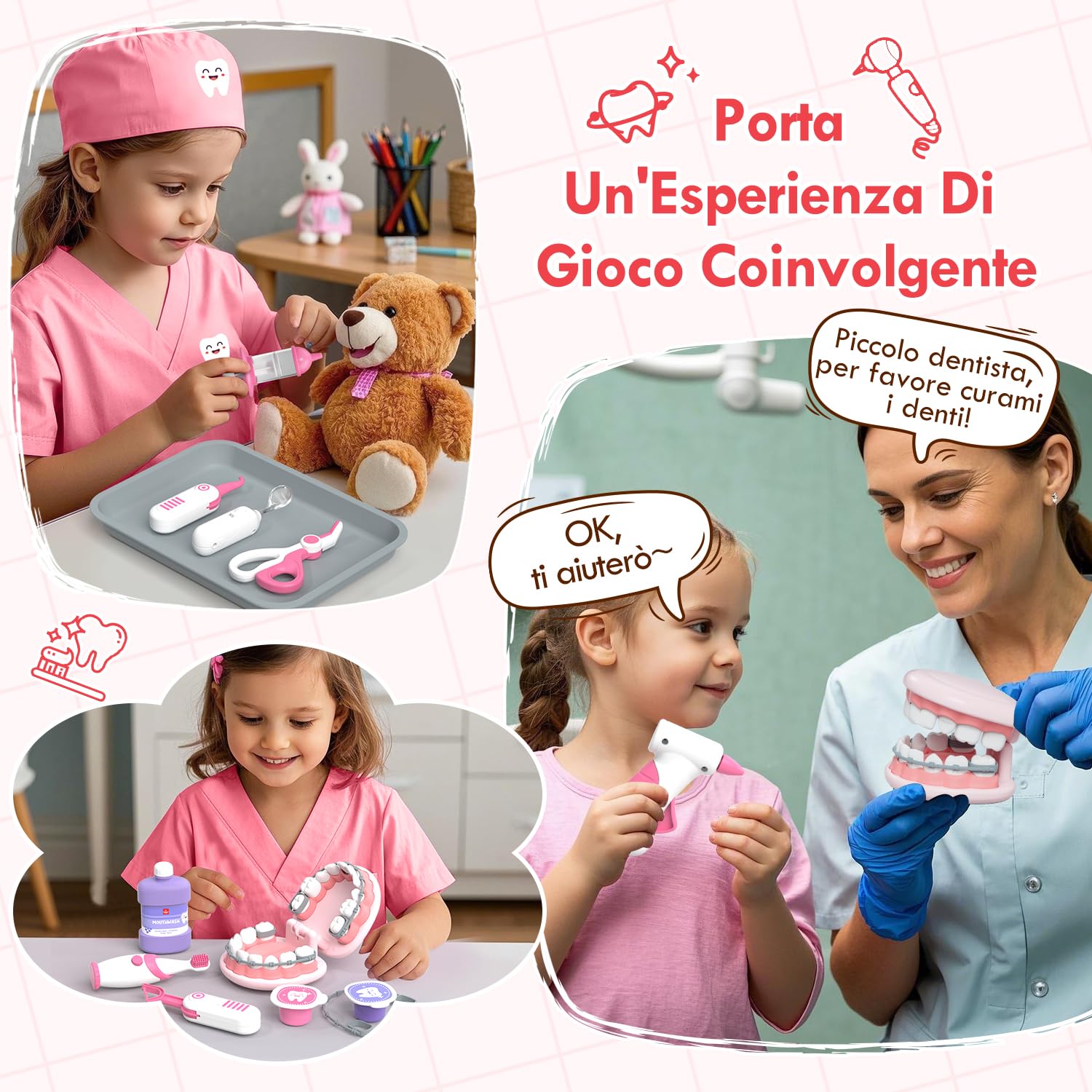 Lehoo Castle Valigetta Dottore Bambini, Kit Dentista per Giochi, Valigetta Dottoressa Bambina, Montessori per Bimbi di 3+ Anni, Ragazzi Dai 3+ Anni in Su(Rosa)