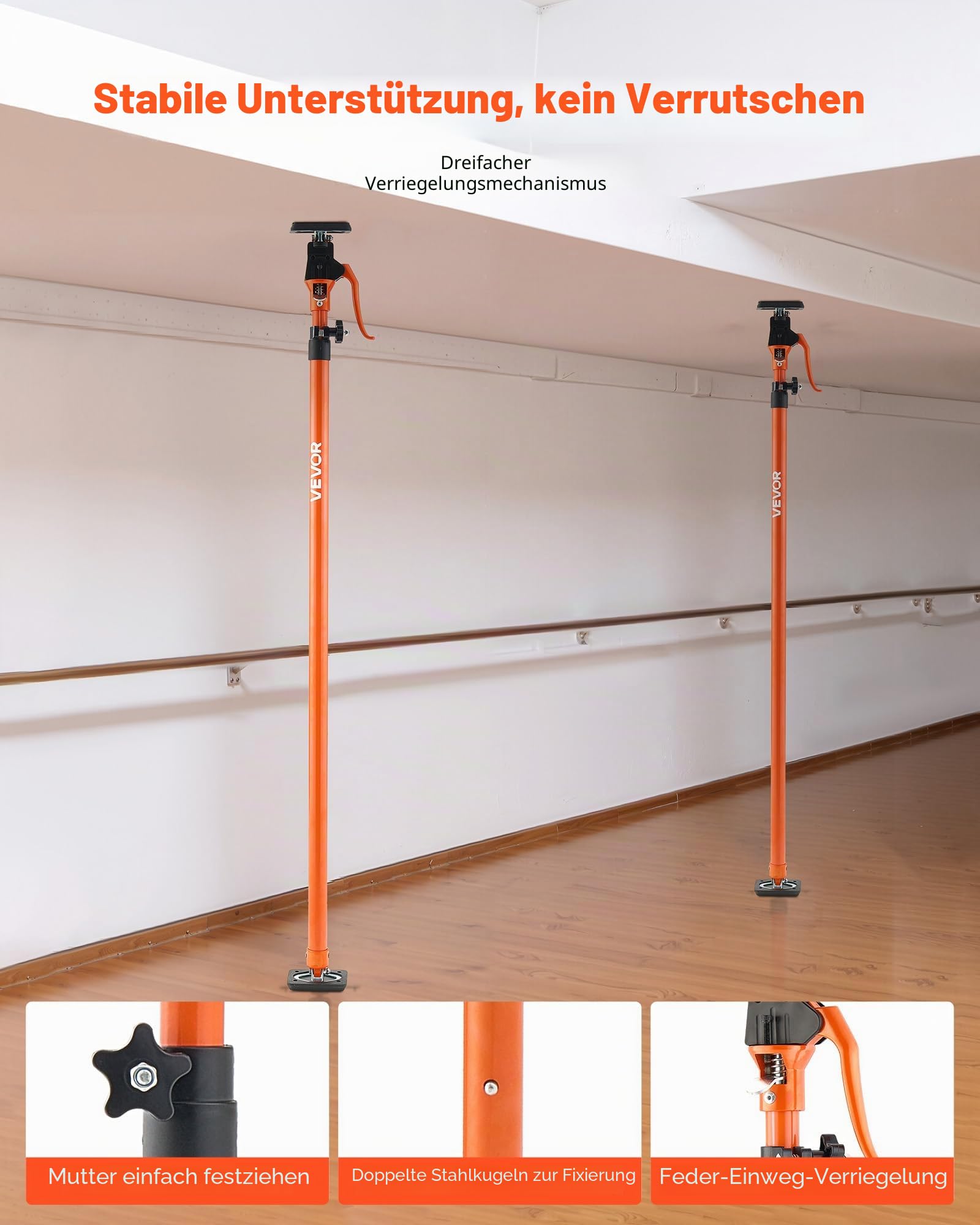 VEVOR Einhandstütze, 4 Stk., Deckenstütze 125–291cm, Teleskopstütze aus Stahl, Montagestütze bis zu 90kg Kapazität zum Installieren von Schränken, Anheben von Trockenbauwänden, Frachtstangen