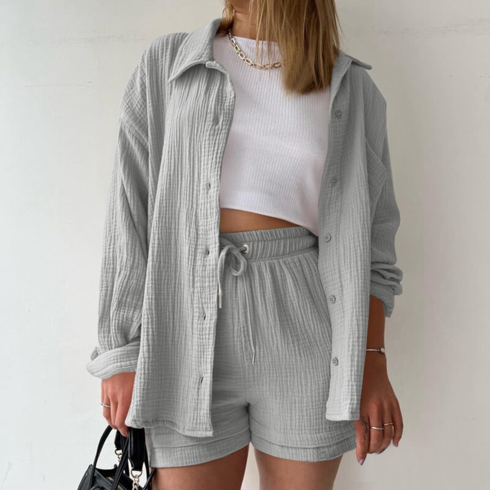 GOSEAGOTOFUN Two Piece Travel Sets for Women Long Sleeve Button Down Shirts and Shorts Set Casual Summer Oversized Tracksuit