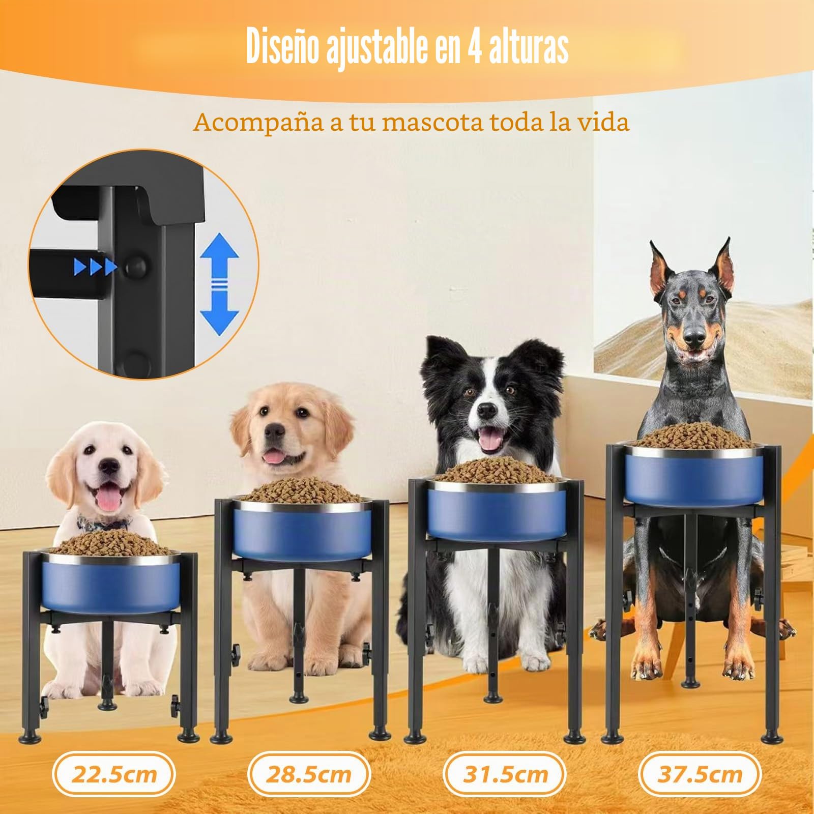 Comedero para perros elevado, 4 alturas ajustables, comedero para perros soporte, ancho ajustable 17-30 cm, cuenco de agua de metal, soporte para cuencos de perro para perros grandes, medianos