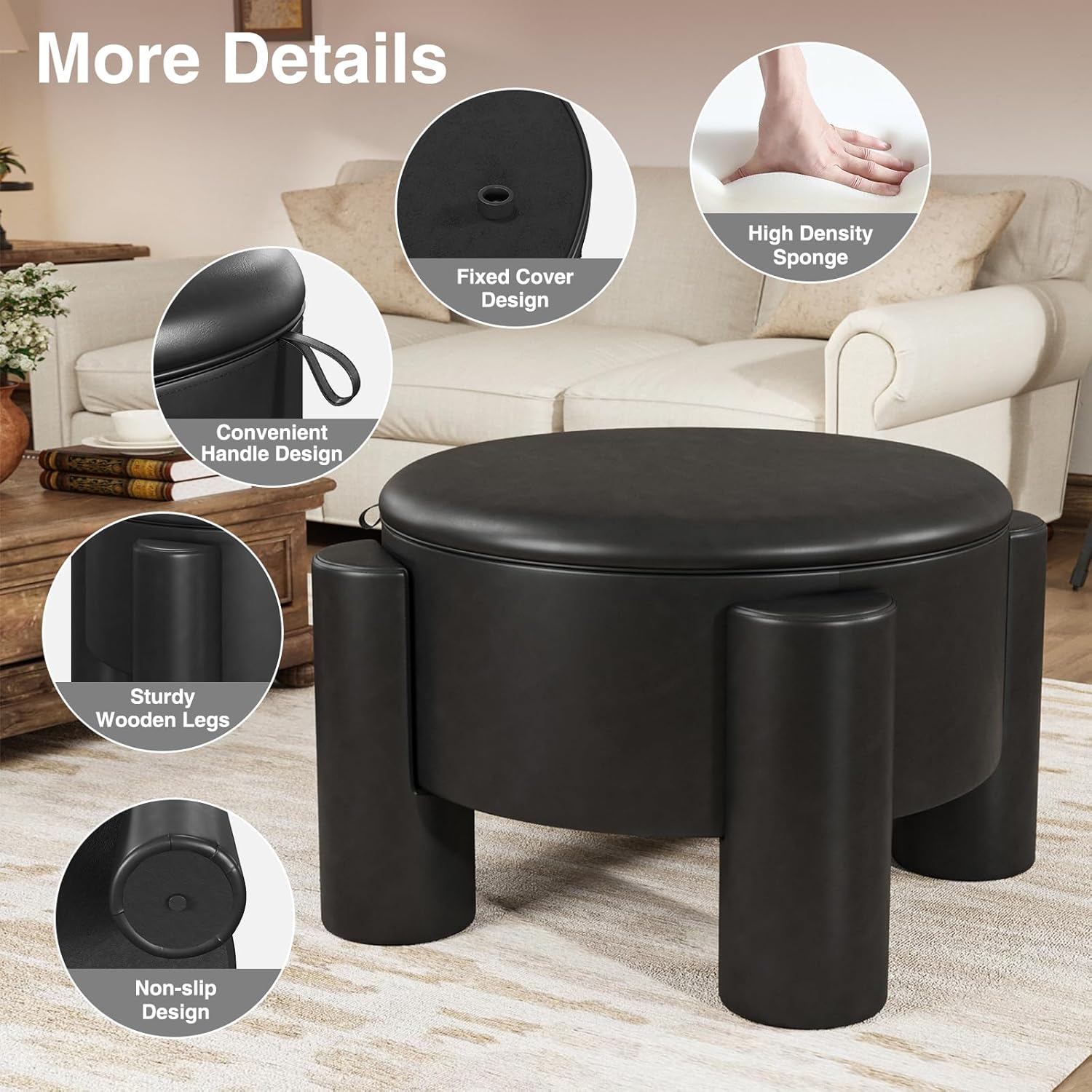Round Ottoman Coffee Table with Storage,24" Faux Leather Storage Ottomans with Removable Top,Upholstered Vanity Stool Footrest for Small Spaces,Living Room,Apartment,Black