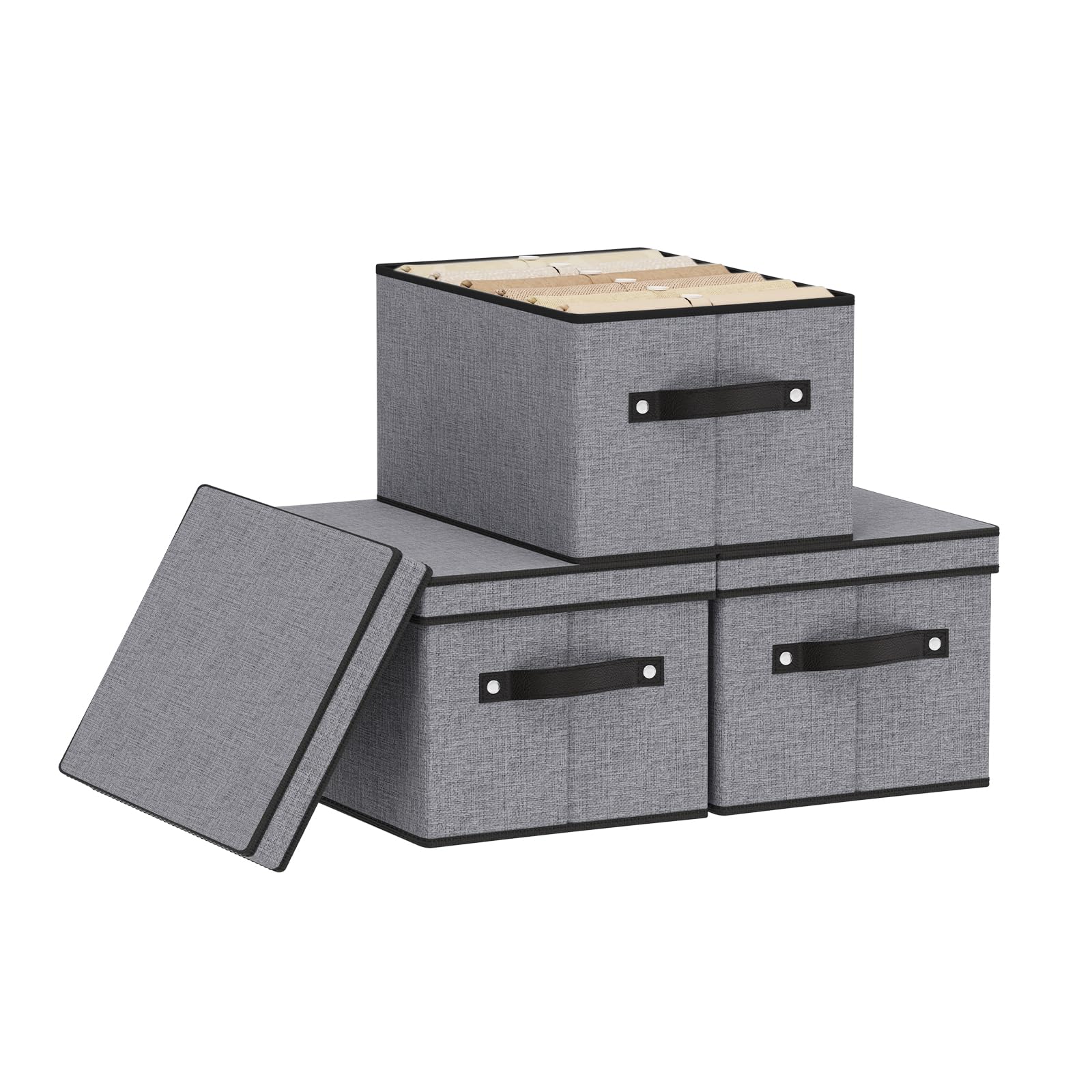 YheenLf Storage Boxes with Lids, Shelf bins with Handles, Foldable Cube Organizer Basket for Organizing, Linens Clothes, Shelves Organiser, Gray, 33×23×18 cm, 3-Pack