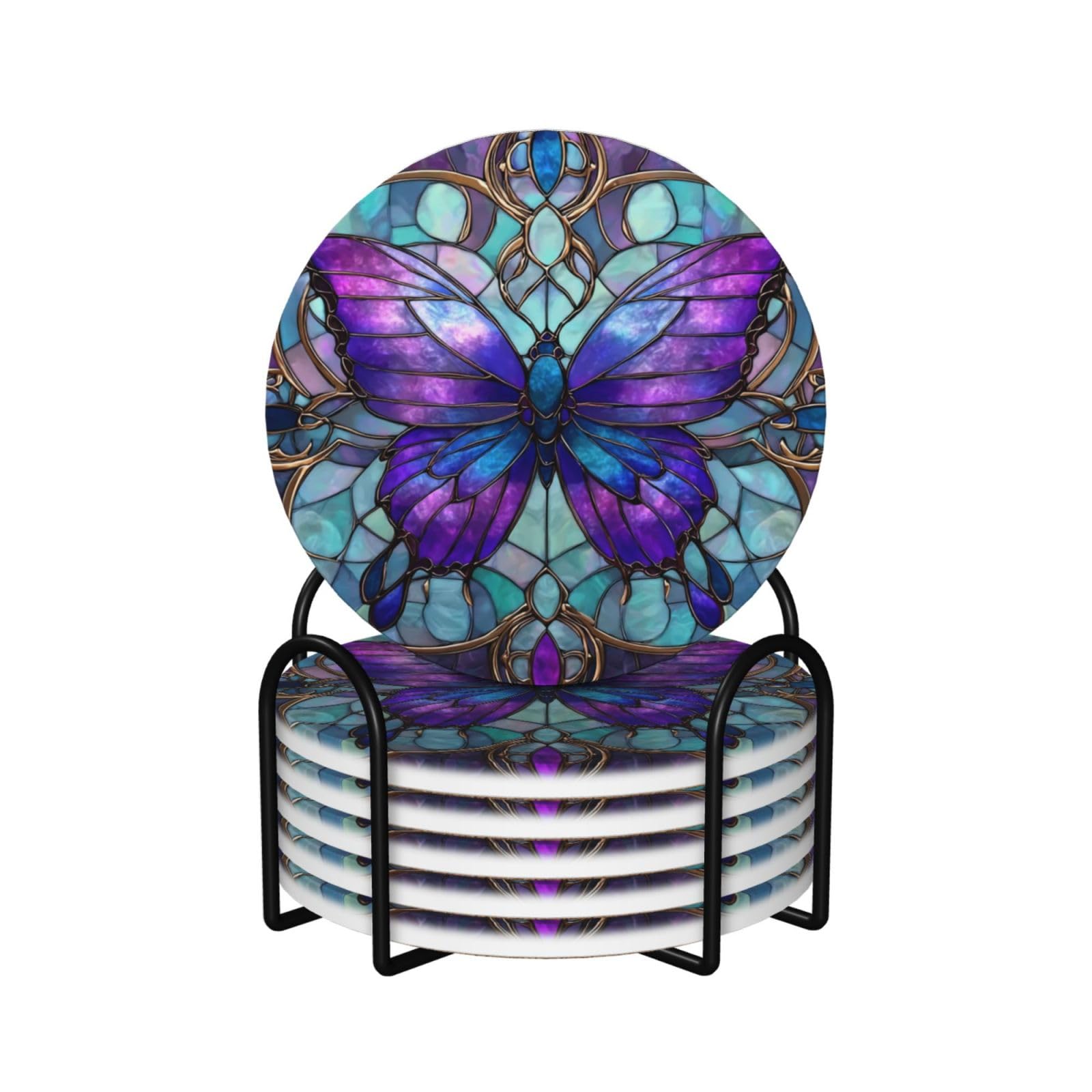 Stained Glass Purple Butterfly Blue Wings Coasters with Holde Set 6
