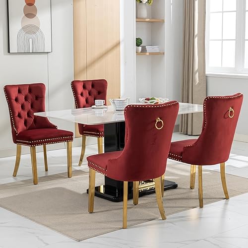Miniatura 121 de Juego de 4 sillas de comedor de terciopelo beige, sillas de comedor tapizadas con adorno de tirador de anillo trasero y patas de madera maciza,