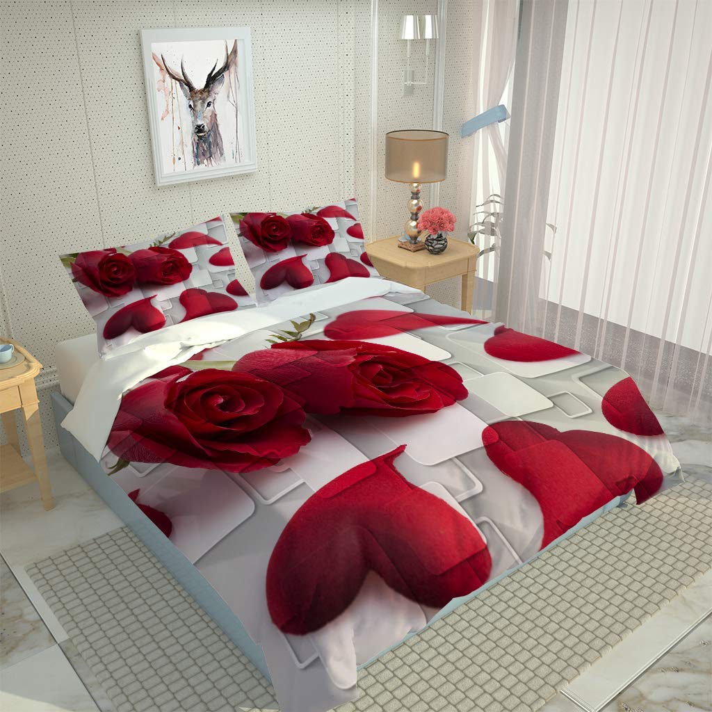 3 Pezzi Set Di Biancheria Da Letto Copripiumino Matrimoniali Completo 260X240Cm Stampa Di Rosa Rossa A Forma Di Cuore 3D Copripiumini Matrimoniali In Microfibre Con 2 Federe 50X80Cm