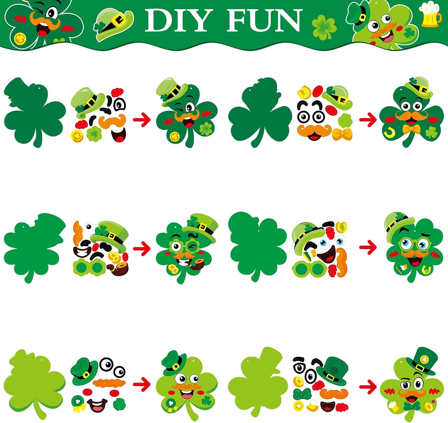 STEFORD 24 Pcs St. Patrick's Day Craft Kits for Kids, DIY Shamrock Art Crafts Make Your Own St. Patrick's Day Shamrock Paper Craft Set for School Home Party Game Activities