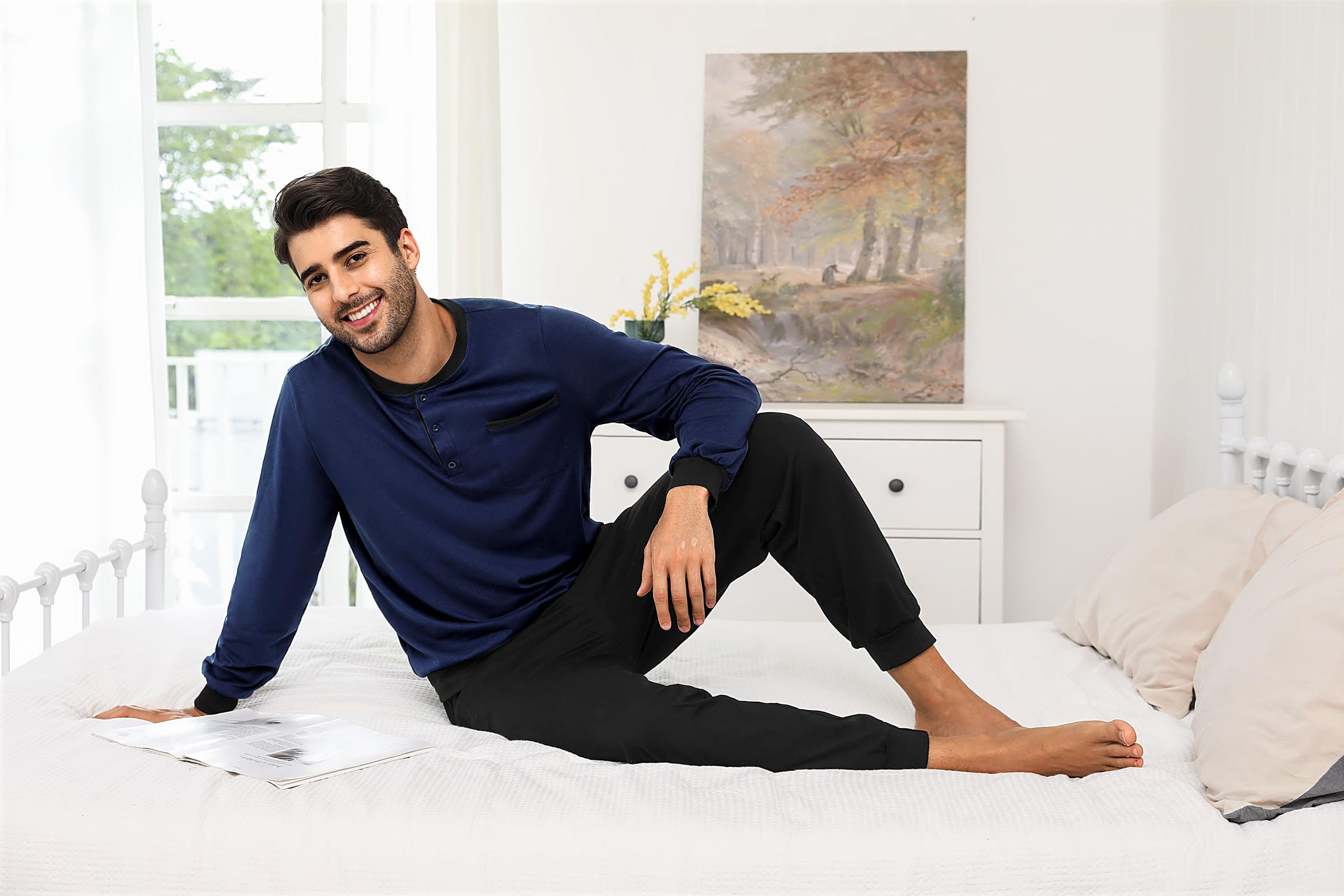 Bresdk Schlafanzug Herren Pyjama Set Lang Baumwolle mit Bündchen Knöpfen Nachtwäsche für Männer