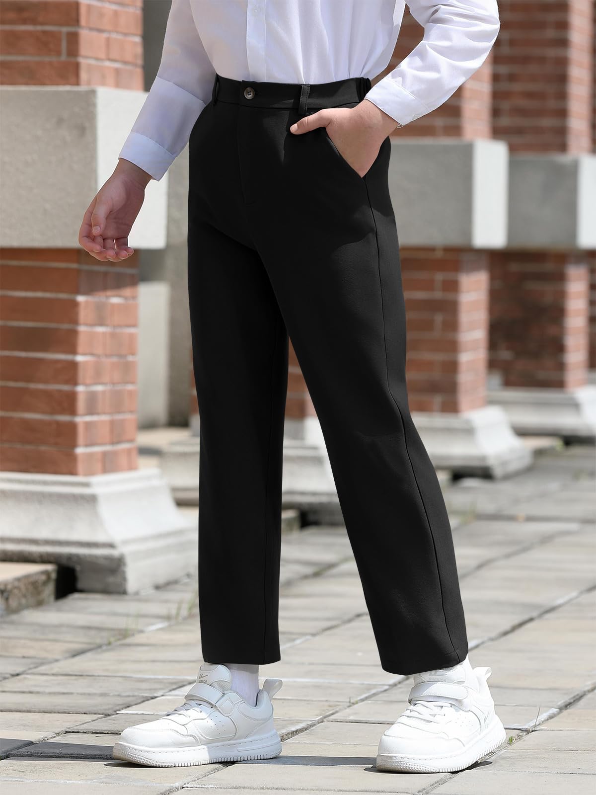 Haloumoning Pantalones de vestir para niños con cintura elástica y pierna recta, pantalones casuales con bolsillos