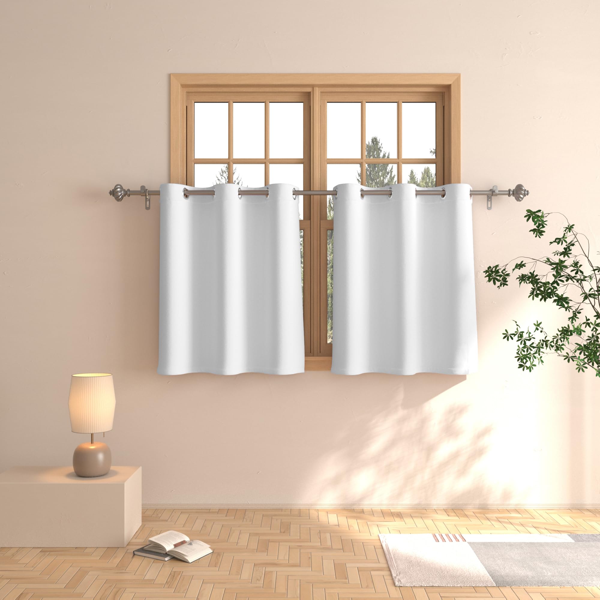 Petits rideaux demi-fenêtre gris blancs 76 cm pour salle de bain