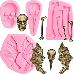 Skull Silicone Gummy Molds, Skeleton Crow Bone Chocolate Mold, Halloween Bat Wing Beak Fondant Baking Molds for Cake Decoration Cupcake Topper Candy Sugar Craft Gum Paste Clay Resin