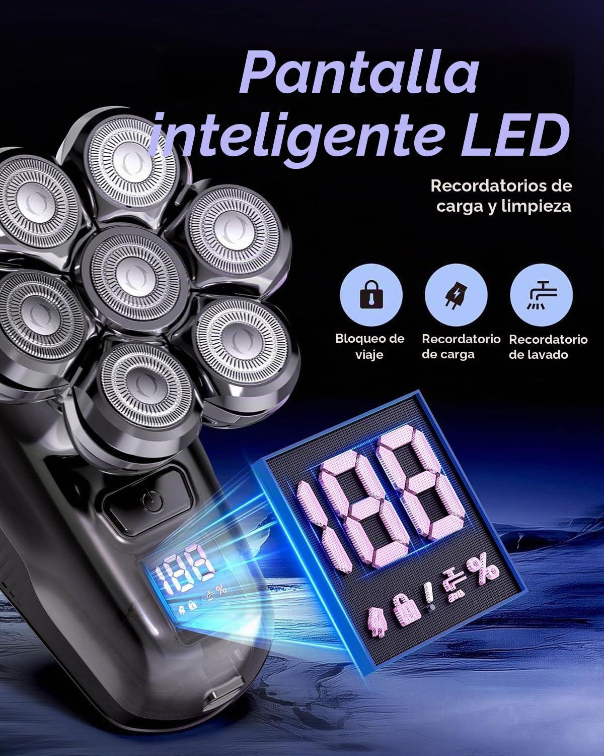 Afeitadora Cabeza Hombre, 2 Modos Magnético 7D Afeitadora Cabeza Barba, Maquina Afeitar Cabeza para Hombre Magnético, IPX7 Impermeable, para Uso en Seco y Húmedo, con Pantalla LED, USB-C Recargable
