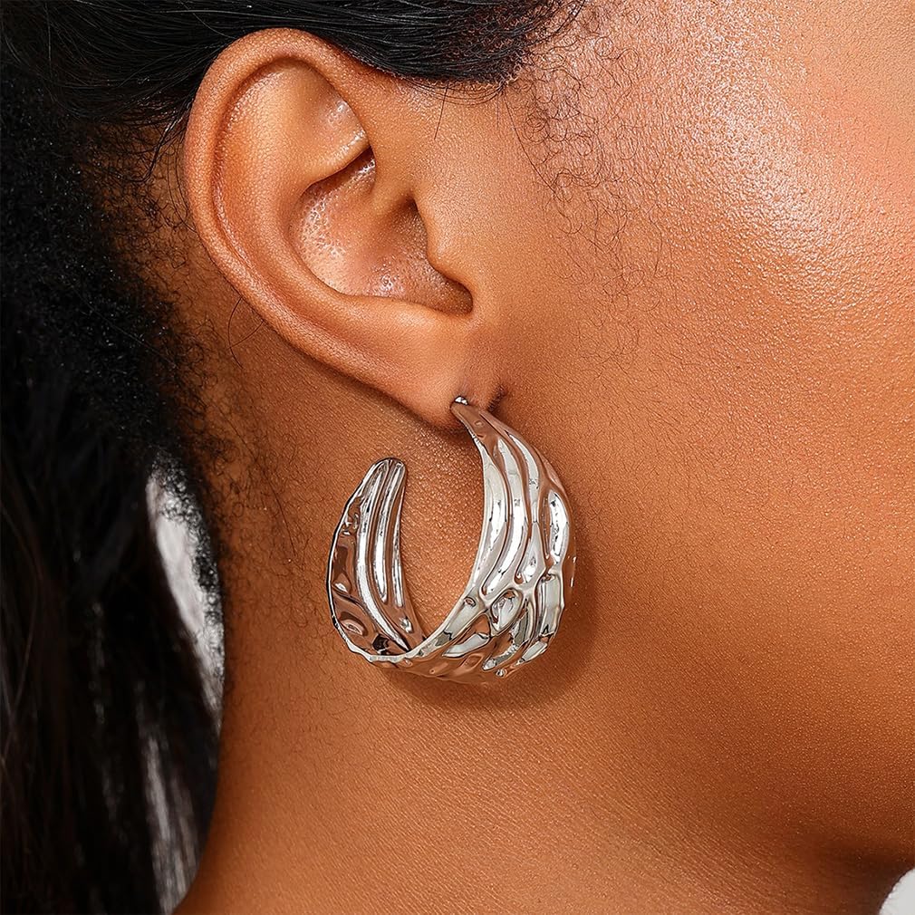 Dainty Hammered Gold Hoop Earrings for Women Chunky Silver Wide Hammer Circle Statement Dangle Earrings Trendy Thick Exaggerated Round Jewelry Accessories - Image 2