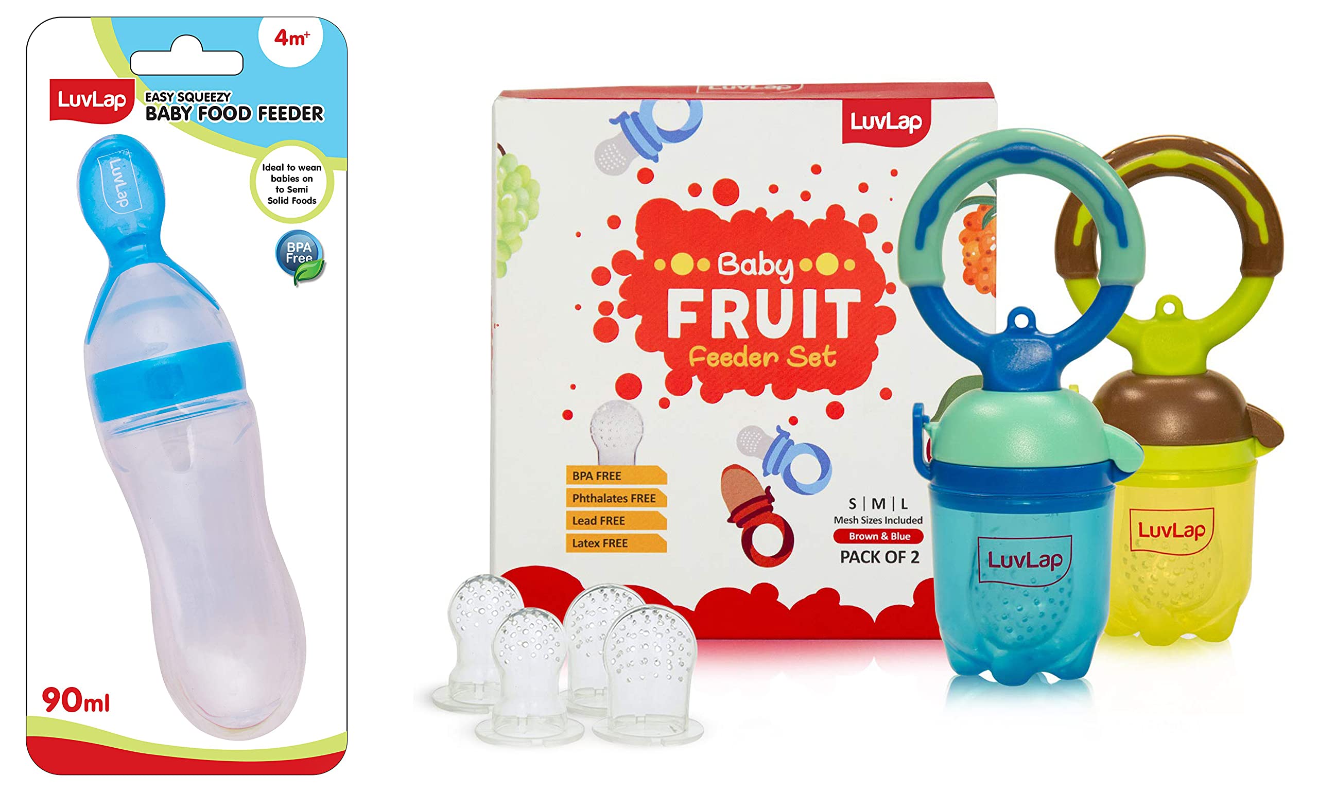 LuvLap Feeding Spoon with Squeezy Food Grade Silicone Feeder Bottle, for Infant Baby, 90ml, BPA Free & LuvLap Baby Food and Fruit Feeder Twin Pack with Three Feeder Sack Sizes, Brown and Blue (B09Q8DKJW4) Amazon Price History, Amazon Price Tracker