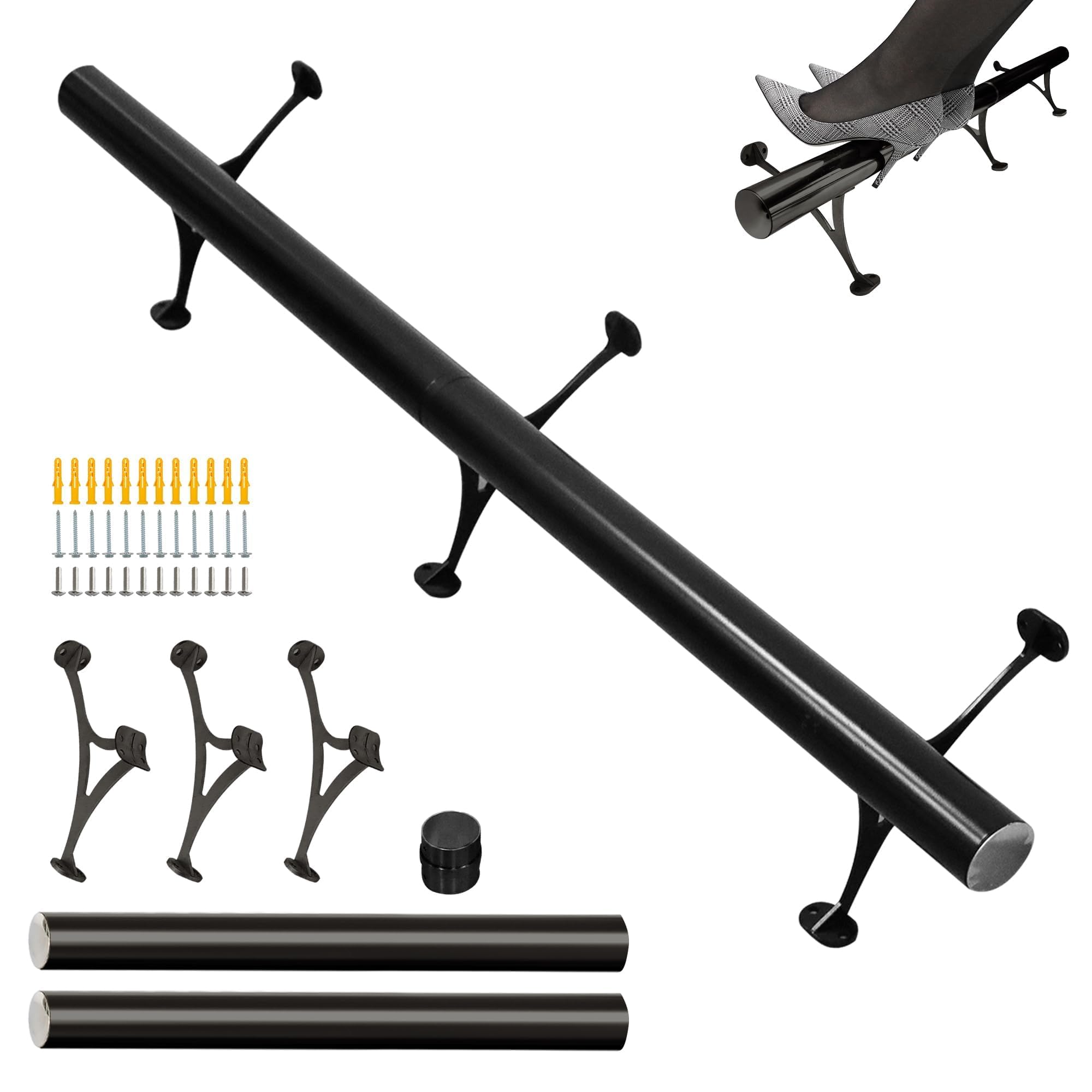 Shantra 4ft Bar Foot Rail Kit, 304 Stainless Steel Tube with Polished Finish & Brushed Brackets, Black Bar Foot Rest Rail, Complete Undercounter Mount Hardware and Tubing