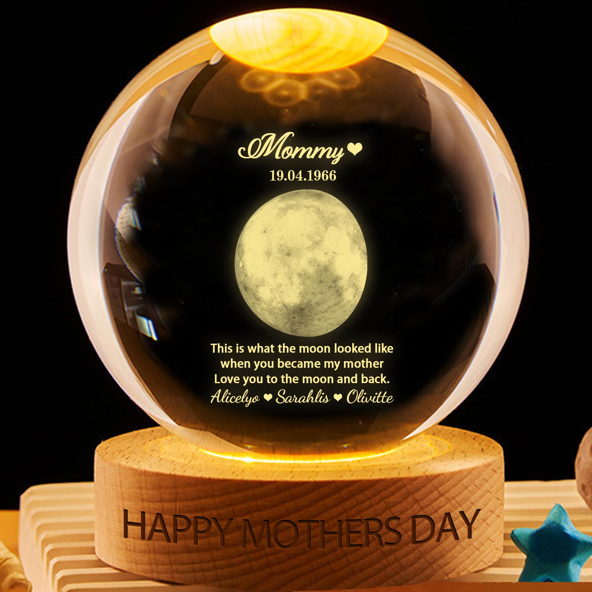 VWCSDSCS Custom Moon Phase Crystal Ball LED Night Light Personalized with Kids Names, Our Moon Special Day, Multicolor Changing for Bedroom Decor Lamp Gift for Mom Grandma Her Wife Papa Dad — image 1