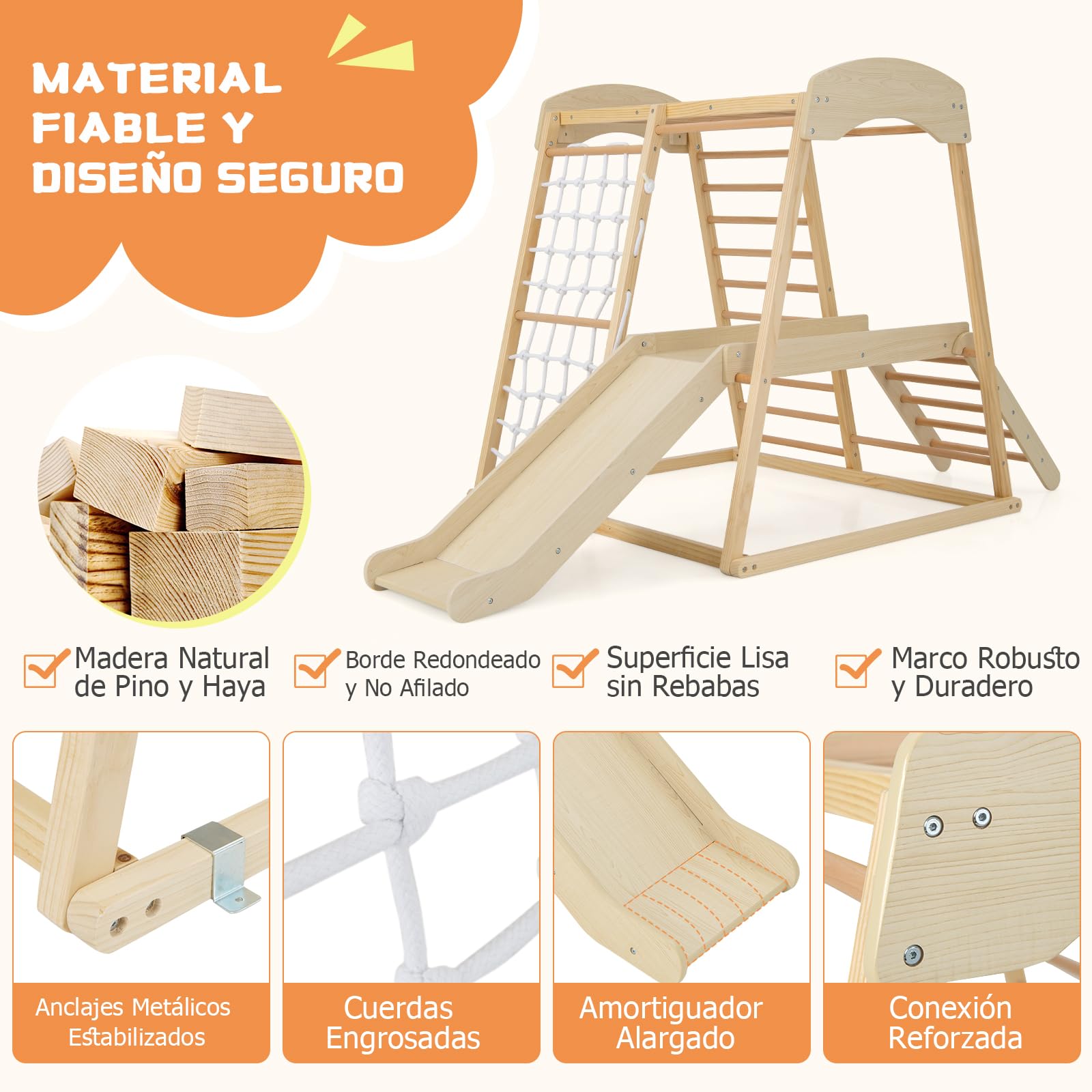 GOPLUS 6 en 1 Triángulo de Escalada Parque para Niños de 1 Año+, Juguetes de Escalada Grande de Madera con Tobogán/Red de Escalada/Barra, Juego de Montessori, Torre de Escalada, Carga 200 KG, Natural