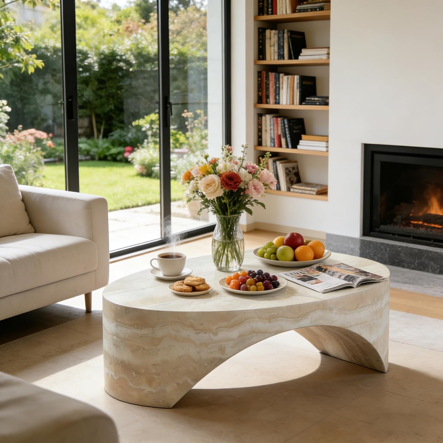 43.31" Oval Coffee Table in Faux Marble,Stylish and Modern Fiberglass Dining Table, No Assembly Modern Center Table for Living Room, Office, or Balcony.(Mars,ø43.31" x 24")
