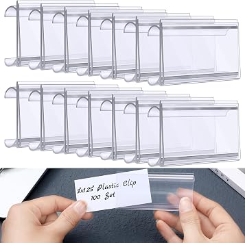 Kathfly 100 Pcs Plastic Wire Shelf Label Holder Tags with Label Paper Inserts Plastic Wire Rack Labels Clips Compatible with Metro 1-1/4 Inch Shelves Labels Area 3in Lx1.25in H