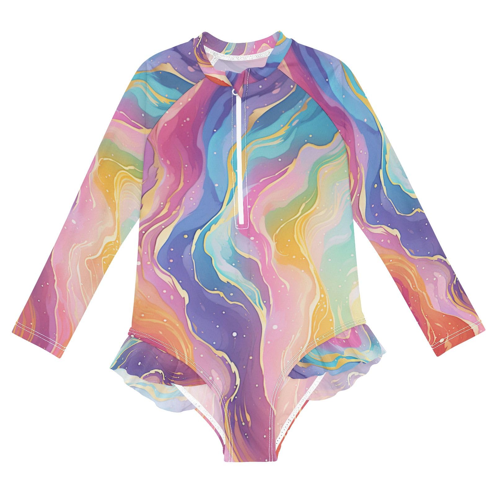 ALAZA Swimsuit for Girls Long Sleeve Rashguard Bathing Suit Rainbow Starry Sky Quick Dry 4T