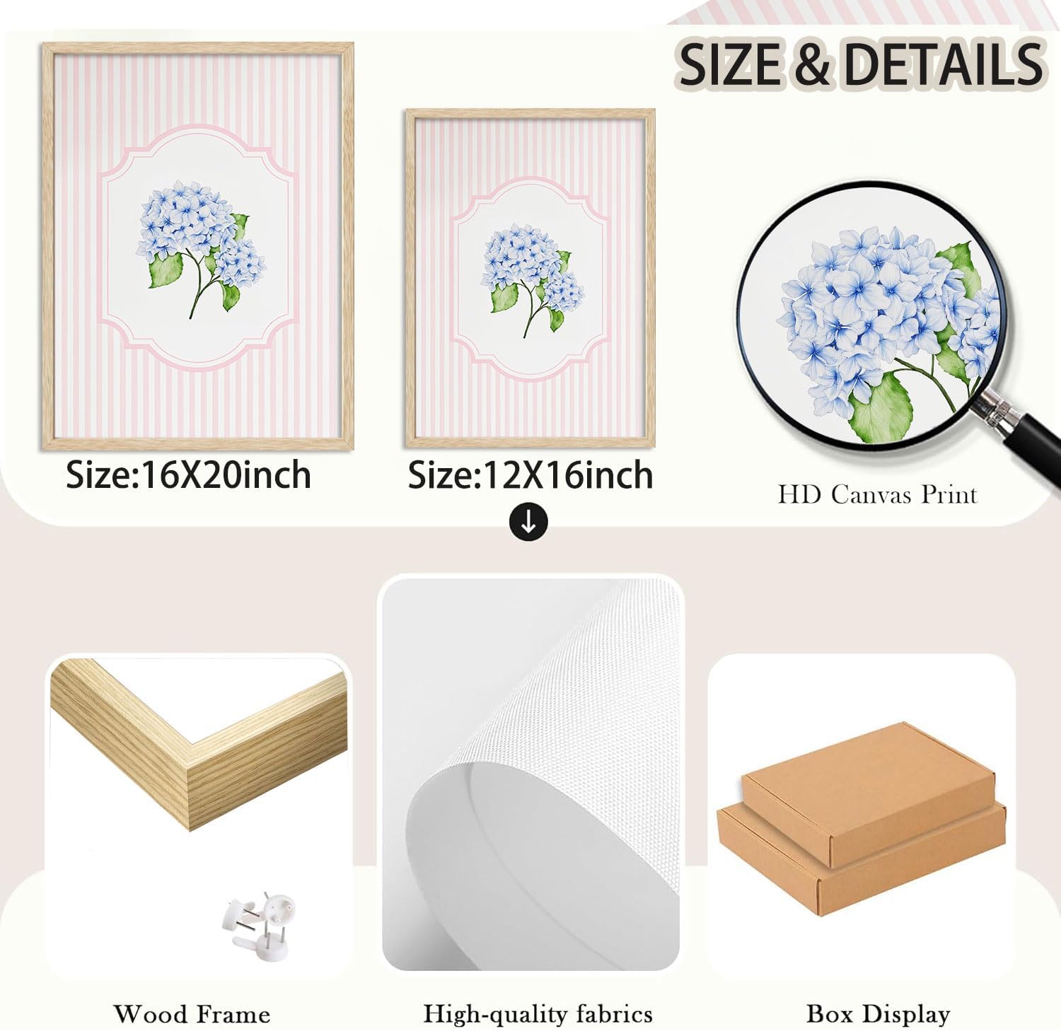 SongZest OAK Wood Framed Wall Art Blue Floral Canvas Wall Art Pink Chinoiserie Pictures Wall Decor Set of 3 Hydrangea Flower Aesthetic Paintings Artwork for Bedroom Bathroom Living Room 12x16in