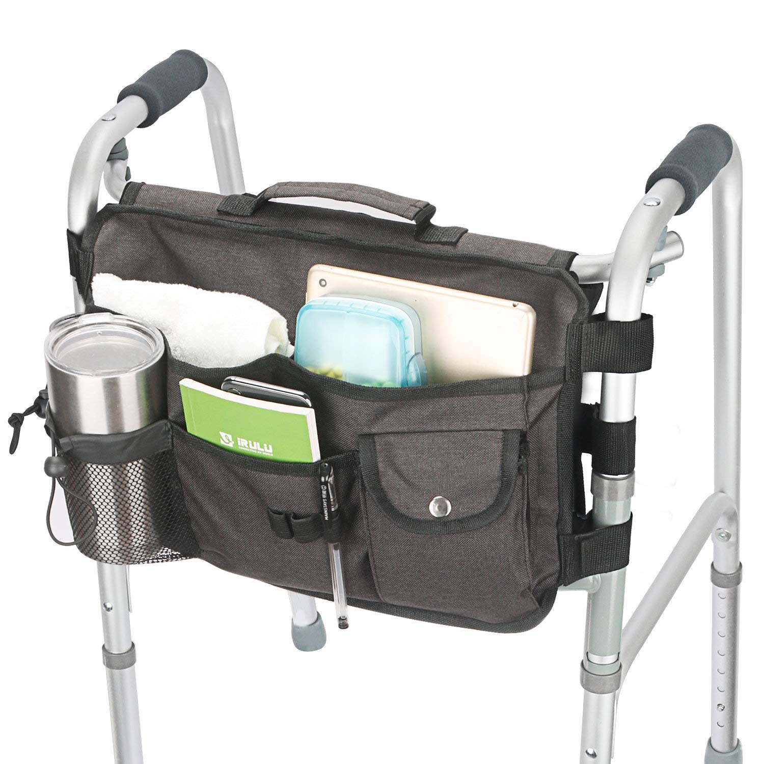 Double Sided Walker Bag Organizer Pouch Tote for Rollator and Folding Walker (Black)