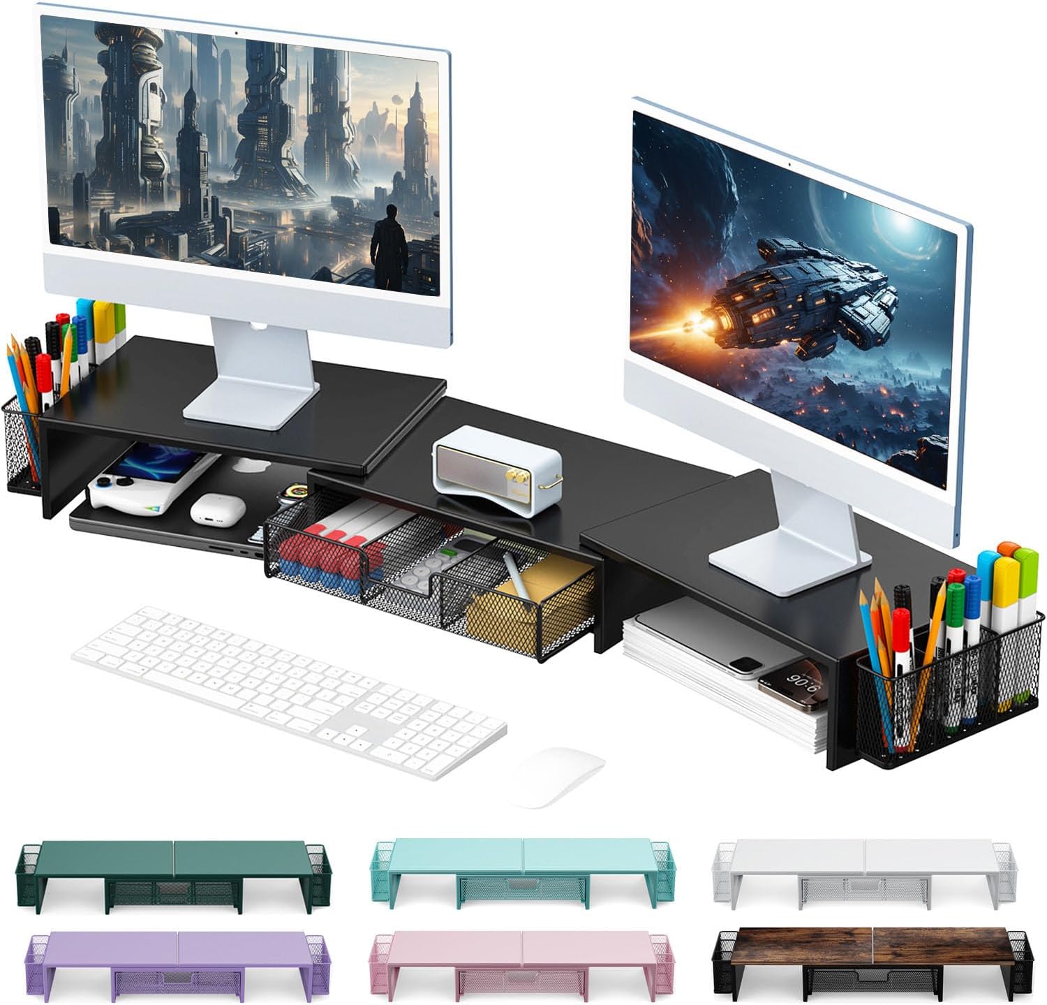 gianotter Dual Monitor Stand Riser, Desk Organizer With Drawer and 2 Pen Holders, Computer Monitor Stand, Desk Shelf for Top of Desk, Balck