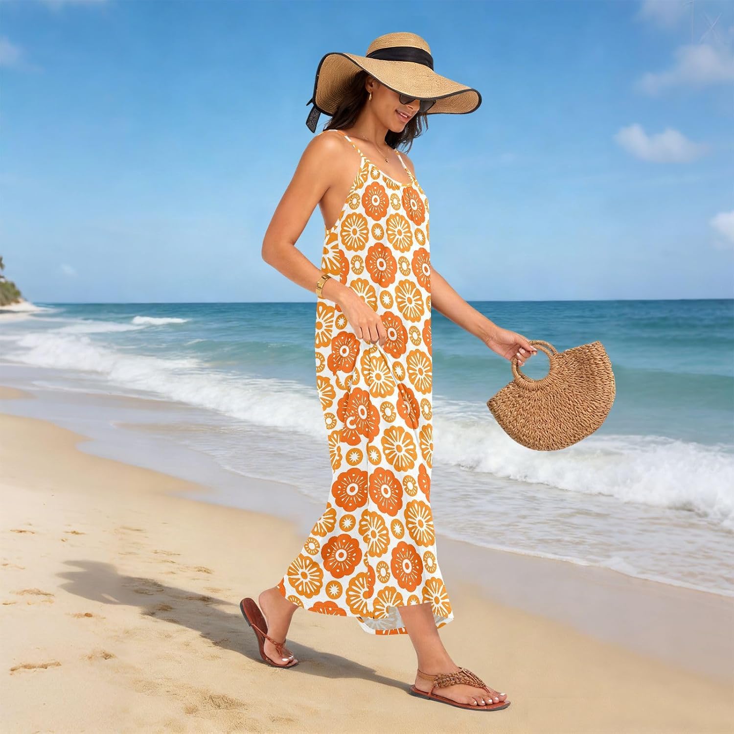 Ladies Back Long Strap Dress Comfortable Soft Loose Flowy Dresses Great for Different Outings Orange image 2