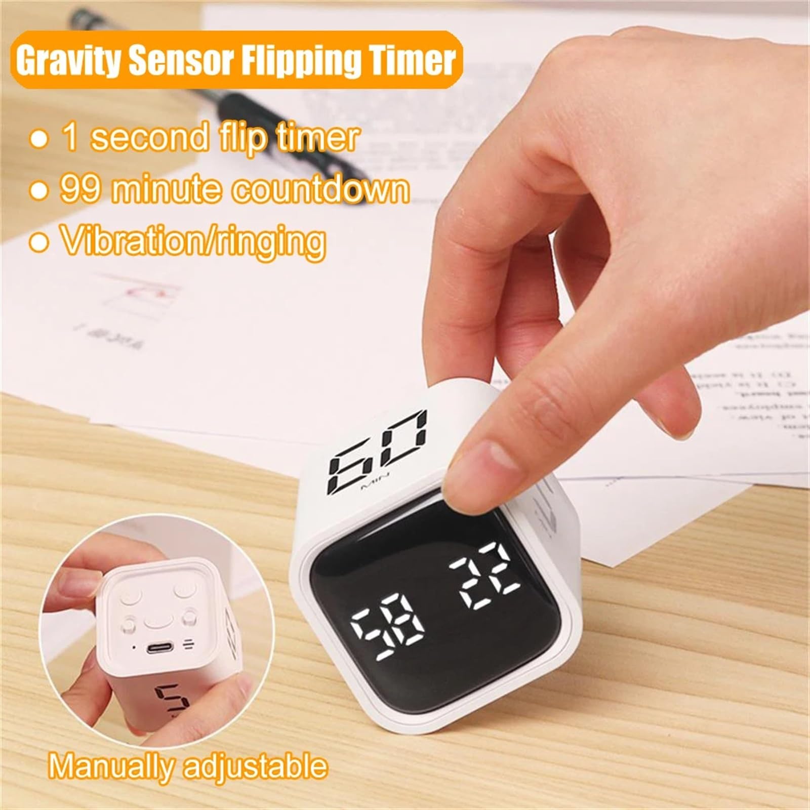 Timer con sensore di Rotazione, Timer Digitale, Conto alla rovescia Manuale, Sveglia, Cottura Meccanico, Doccia, Studio, cronometro(Blanc)
