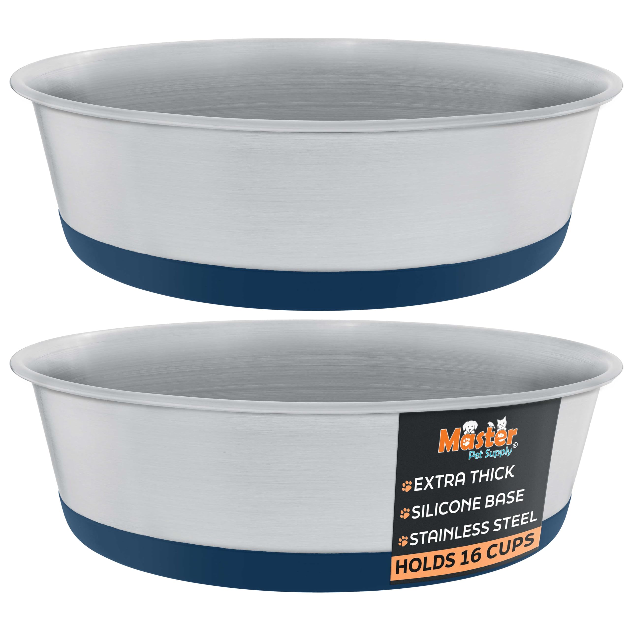 Master Pet Supply Stainless Steel Dog Bowls Set of 2 with Extra Thick Silicone Base - 16 Cup (128 oz) Navy Blue, Non-Slip, Dishwasher Safe Metal Bowls, Pet Dog Food Bowl for Dogs, Cats, Anti Rust