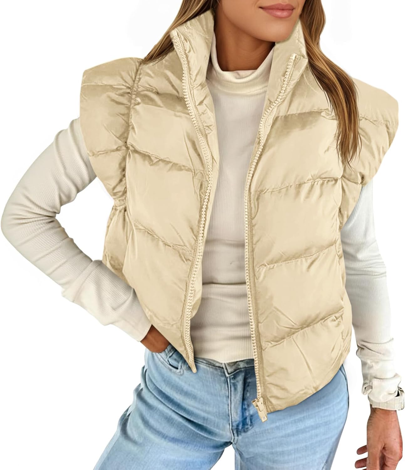 Tankaneo Womens Cropped Puffer Vest Cap Sleeve Zip Up Puffy Qulited Jacket Stand Collar Padded Gilet Coat Winter Outerwear