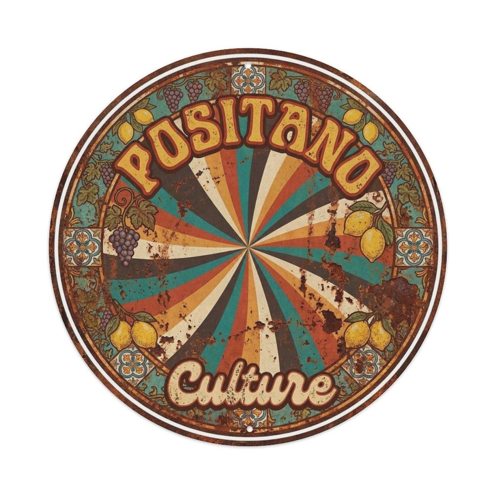 Campania Positano Coastal Village Antique Mediterranean Metal Tin Sign Plaque Wall Decor for Cafe, Man Cave, Club Bar, Office, Home Garden Round Metal Poster 8x8Inch