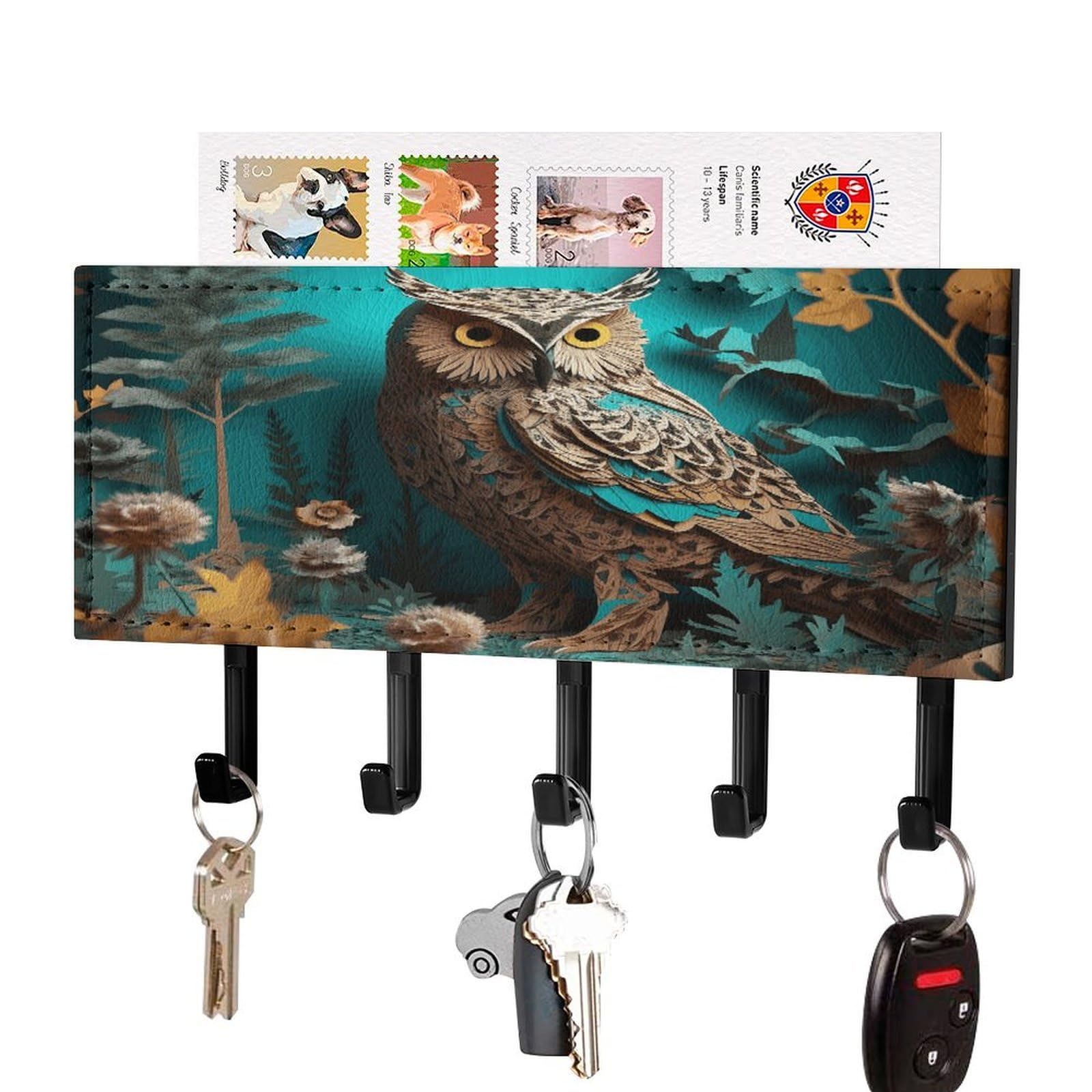 FekiLoot Owl Key Holder for Wall Decorative Mail Organizer with 5 Key Hook Self Adhesive Key Rack with Tray Coat Rack Wall Mount Key Hanger Decor for Entryway Door
