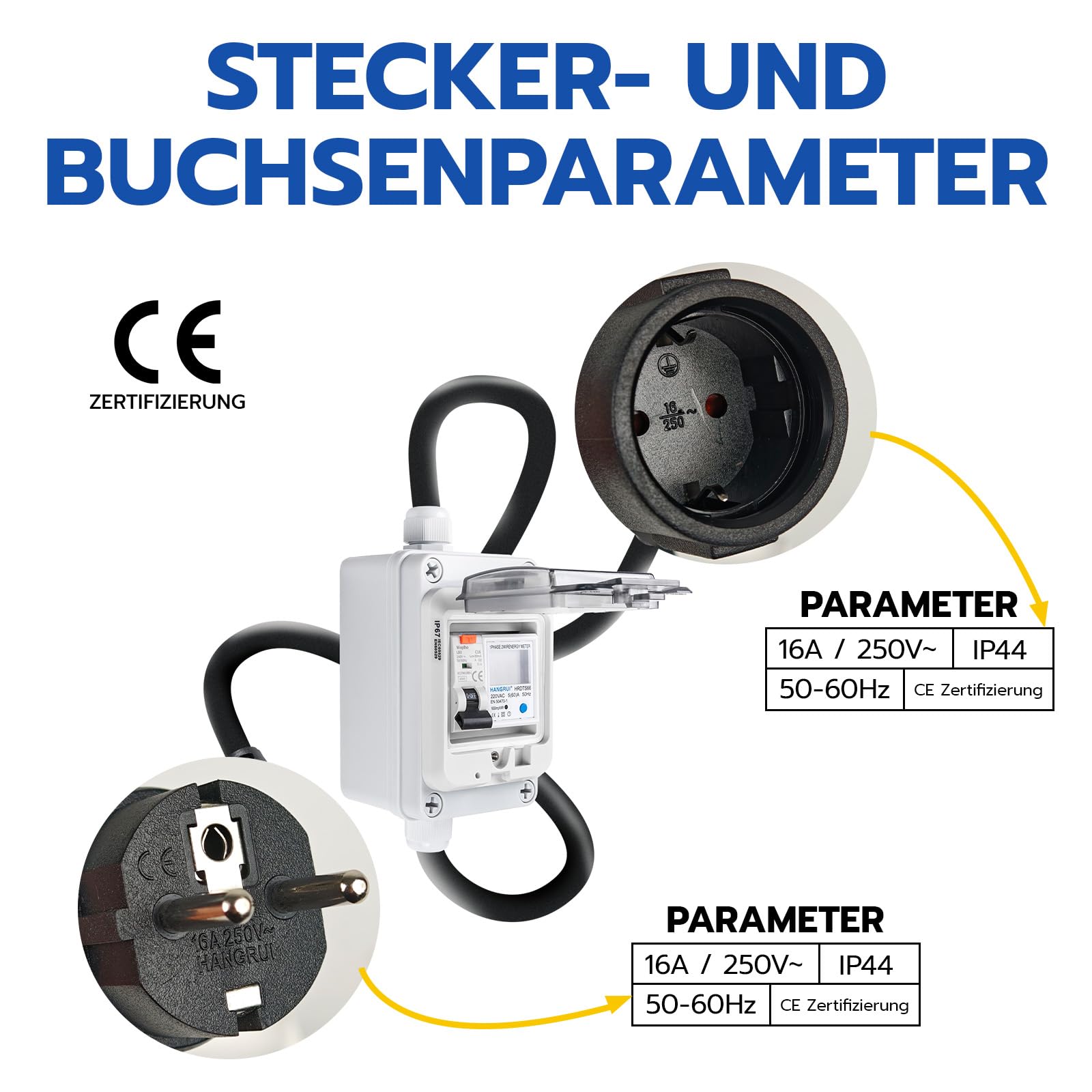 230VAC 16A Mobiler Digitaler Stromzähler für Steckdose mit FI Schutzschalter Typ A,230V IP44 Schuko Stecker,Zwischenzähler Strom mit IP67 Stromzählergehäuse