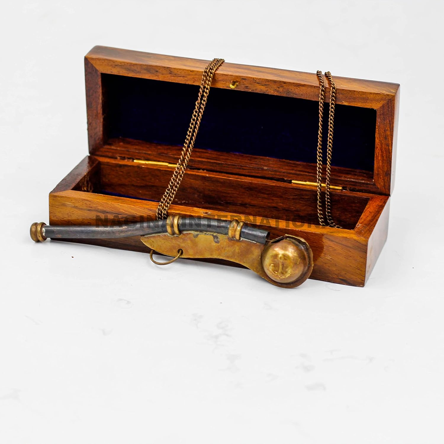 Nagina International Boatswain's Brass Crafted Bosun's Pipe Whistle with Chain & Handcrafted Rosewood Anchor Inlayed Case | Pirate's Decor Collection | Maritime Decor (Brass Antique W/Box) : Sports & Outdoors