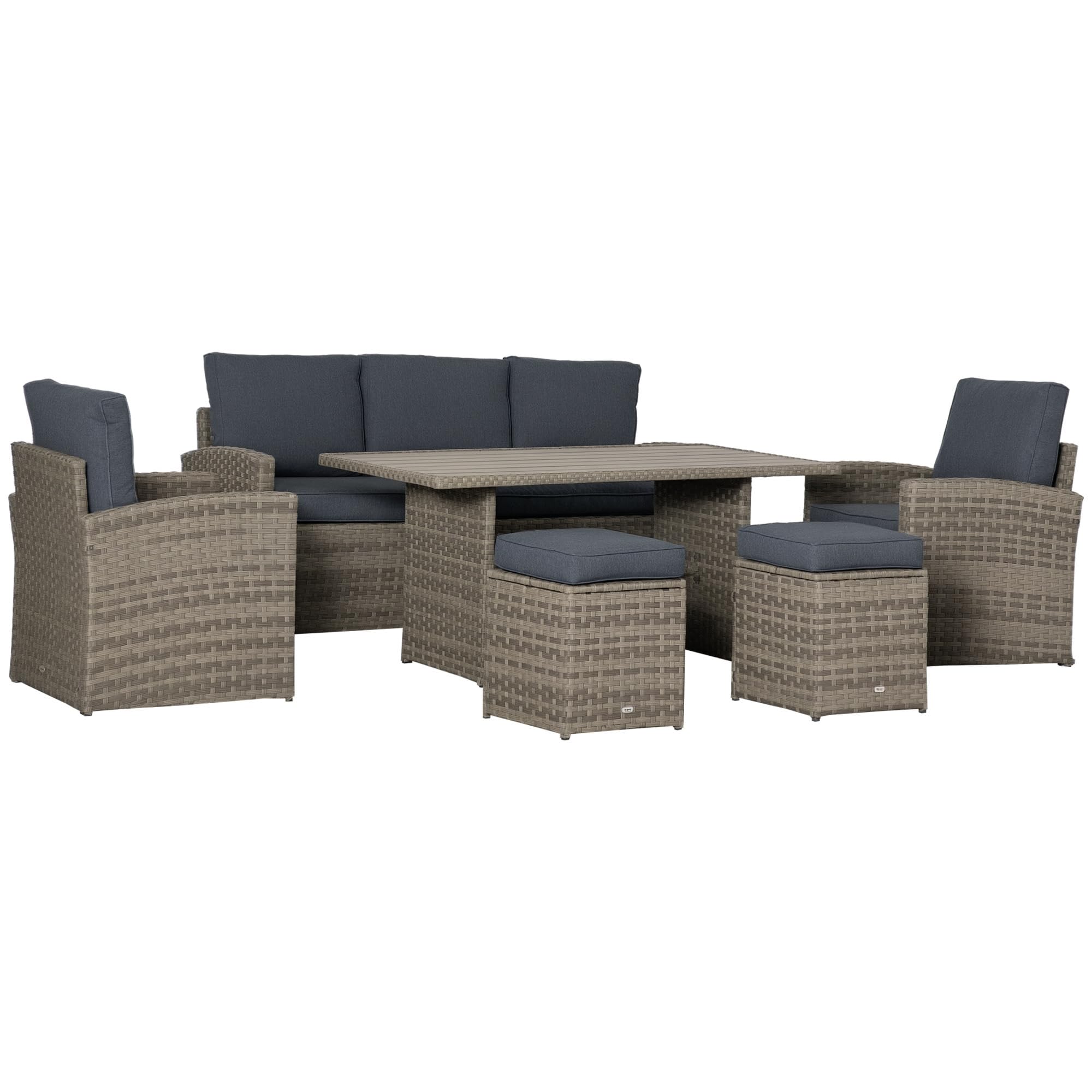 Outsunny Set Mobile da Giardino 6 Pezzi in Rattan PE, Salotto con Divano 3 Posti, 2 Poltrone, 2 Sgabelli e Tavolo, Cuscini Sfoderabili, Grigio
