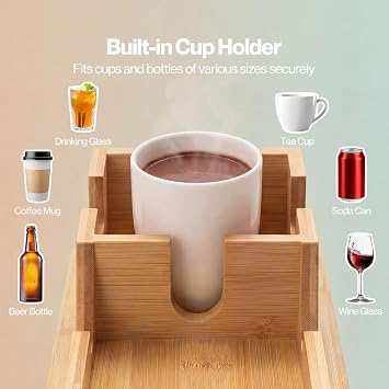 Bamboo Sofa Arm Tray Table with Cup Holder, 2 in 1 Foldable Couch Arm Tray with Detachable Design, Anti-Slip Armrest Tray for for Drinks, Snack, Magazine and Remote