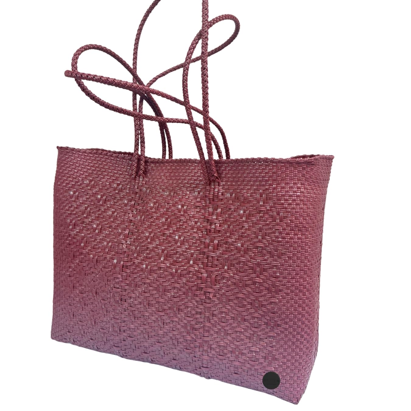 Merlot Recycled Plastic Woven Tote Bag for Women Large Handmade Wine-Colored Beach Market Bag Lightweight Water-Resistant Eco-Friendly Shoulder
