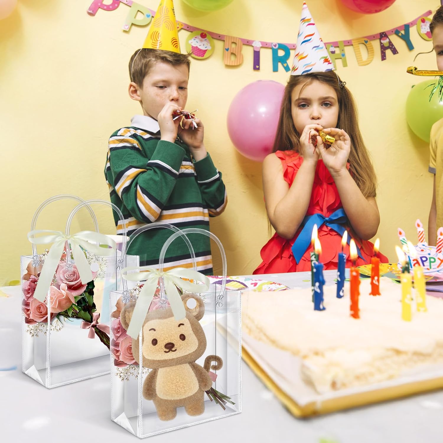 Yuanan 50 Pack Clear Gift Bags with Handles, Clear Plastic Gift Party Favor Bags, Mini Baskets for Gifts Reusable PVC-Bags with Ribbon(6.3" x 5.9" x 2.6") - Image 5