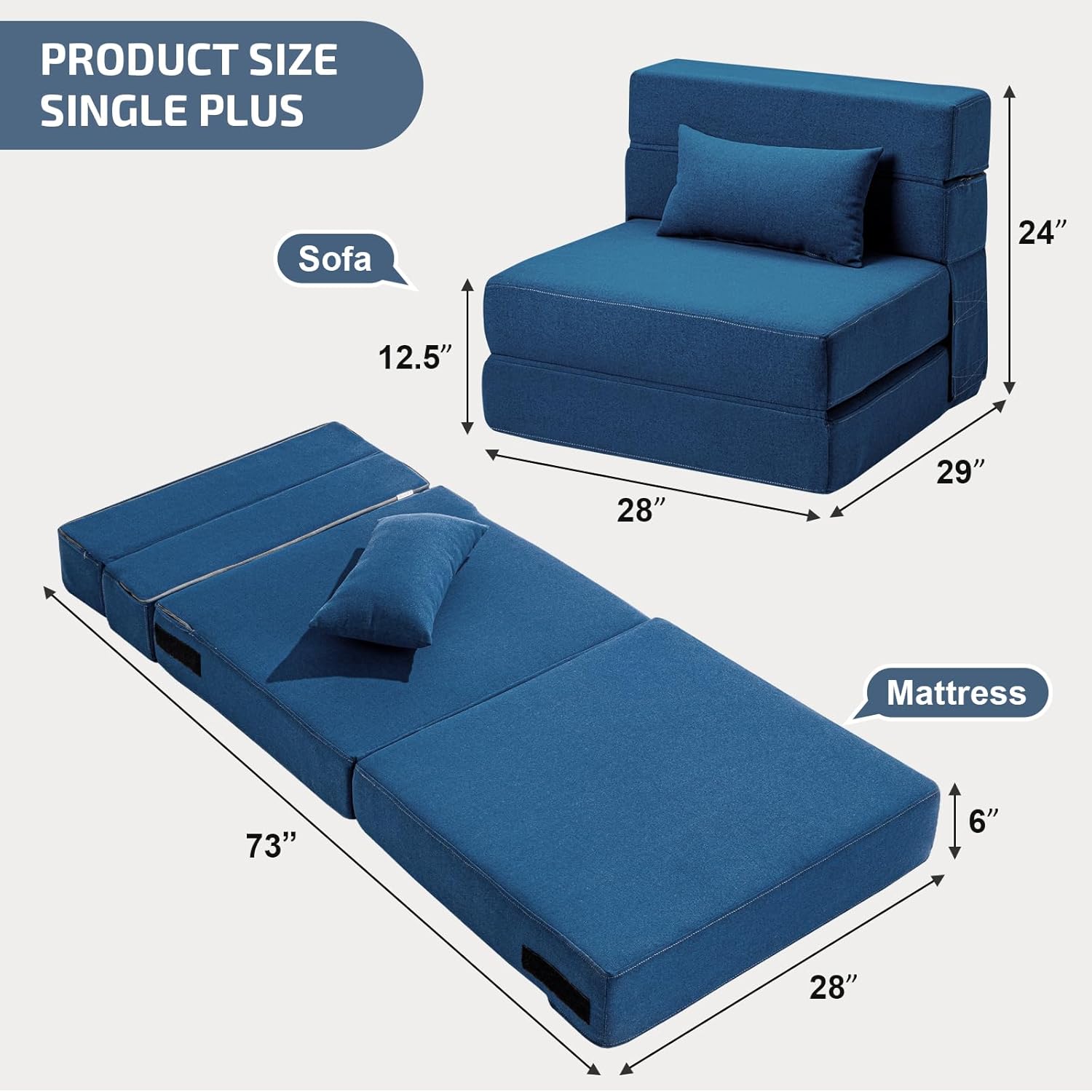 Folding Sofa Bed with Pillow- Convertible Chair Floor Couch & Sleeping Mattress, Foldable Memory Foam Sleeper for Living Room/Dorm/Guest Room/Home Office/Apartment/Loft, Single28,Navy Blue Navy Blue Single(28" width)