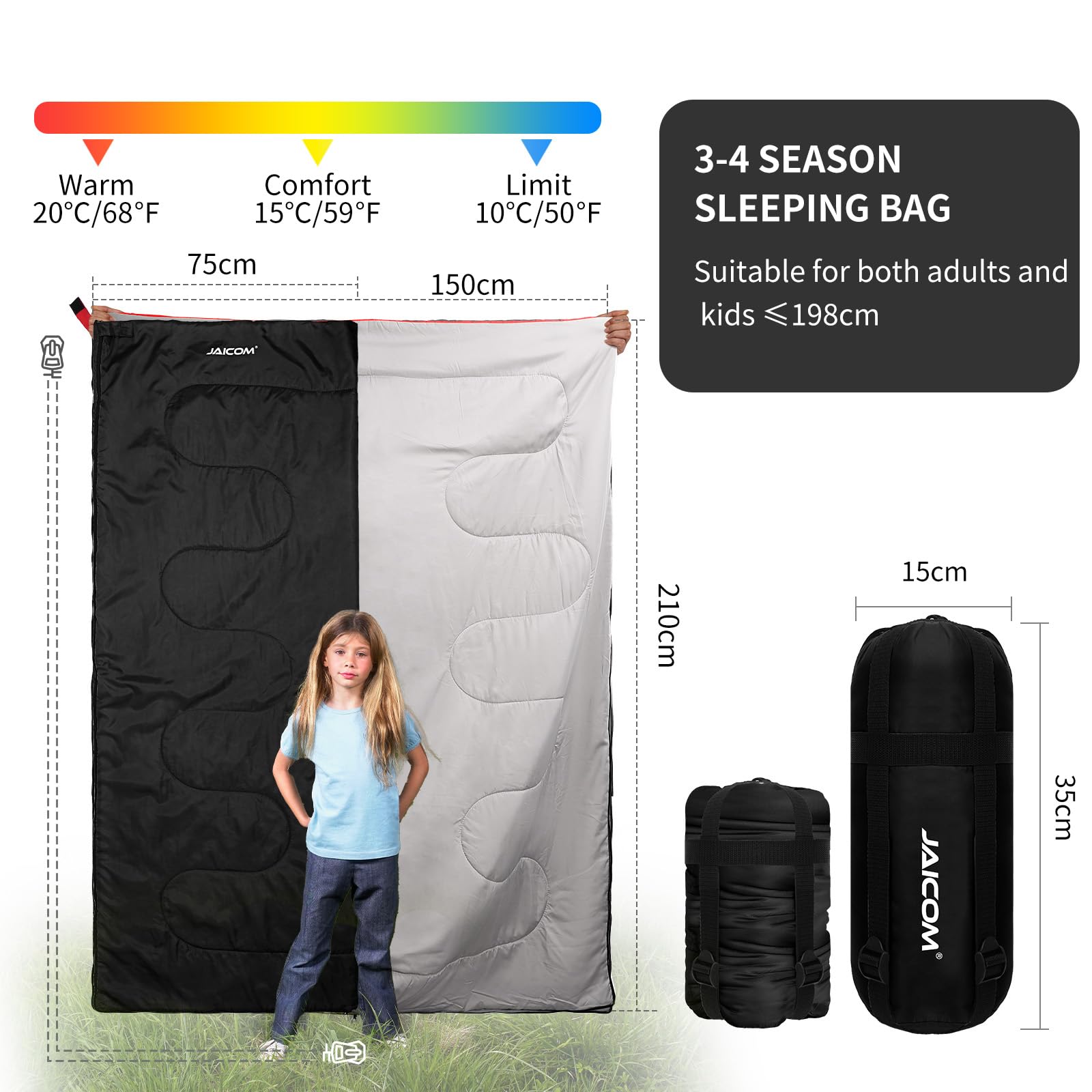 JAICOM Schlafsack - Kleines Packmaß Deckenschlafsack, Leicht & Dünn Sommerschlafsack - für Camping, Outdoor, Erwachsene, Wandern, Indoor
