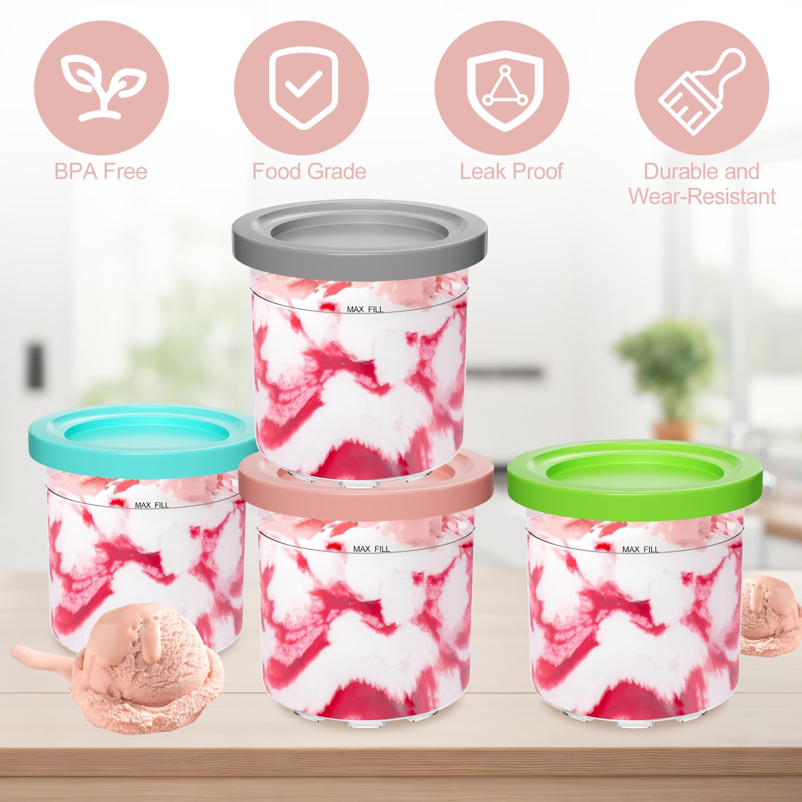 4 Pezzi Contenitori per Gelato, Contenitore Cream Compatibile con Macchine del Gelato Ninja NC301 NC300 NC299AMZ, Vaschette per Gelato Fatto in Casa, Senza BPA, Lavabile in Lavastoviglie