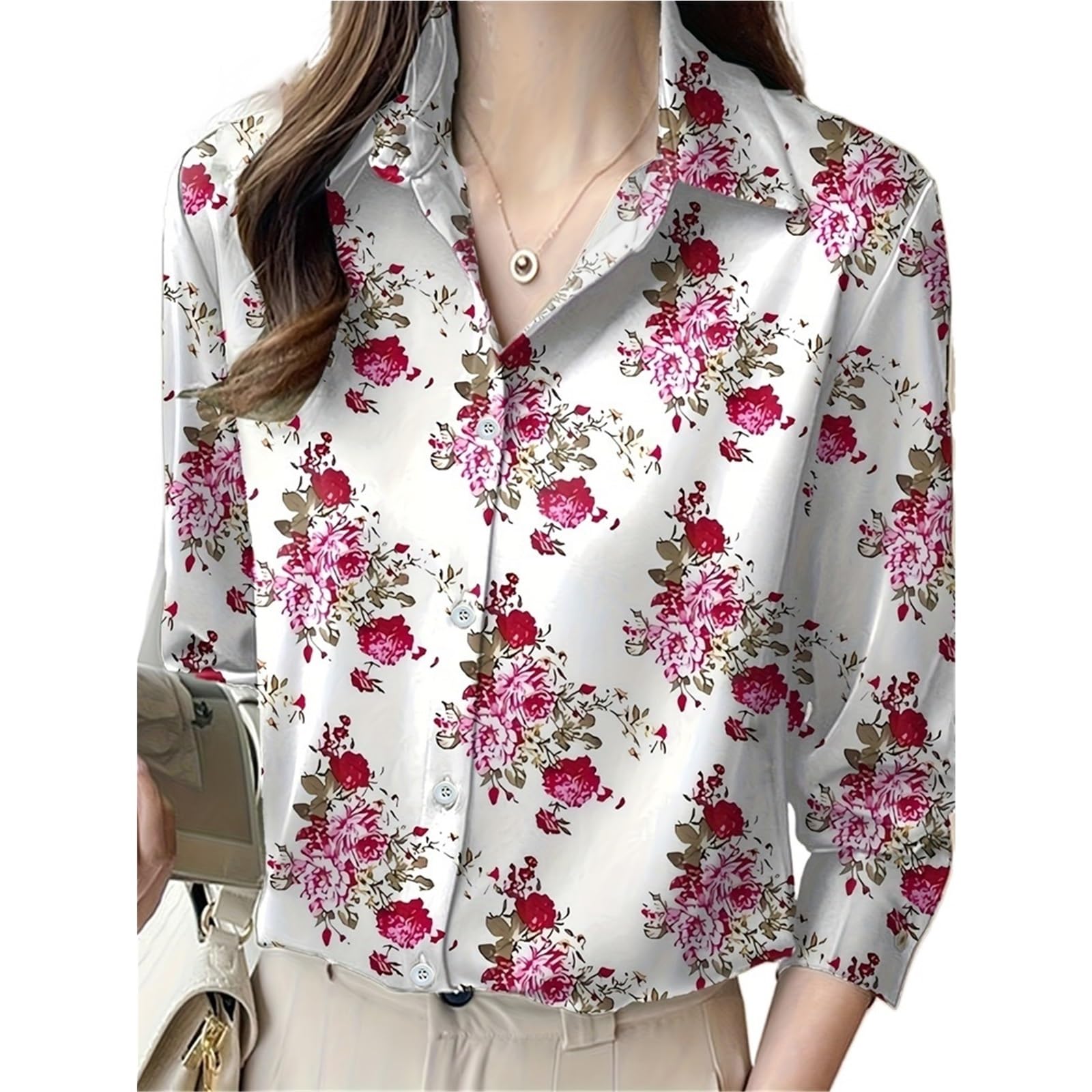 Camisa de Manga Larga con Solapa for Mujer, Informal, Holgada, con Estampado de Flores, Ropa de Diario for Viajes al Aire Libre