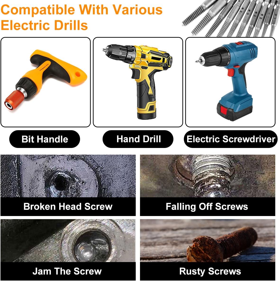 10Pcs Screw Extractor, Damaged Bolt Extractor Kit, Stripped Screw Remover Drill Bit Set Hex Shank Rounded Bolt Remover Tools, Easy Removal for Removing Rusty Damaged Studs, Bolts, Screws