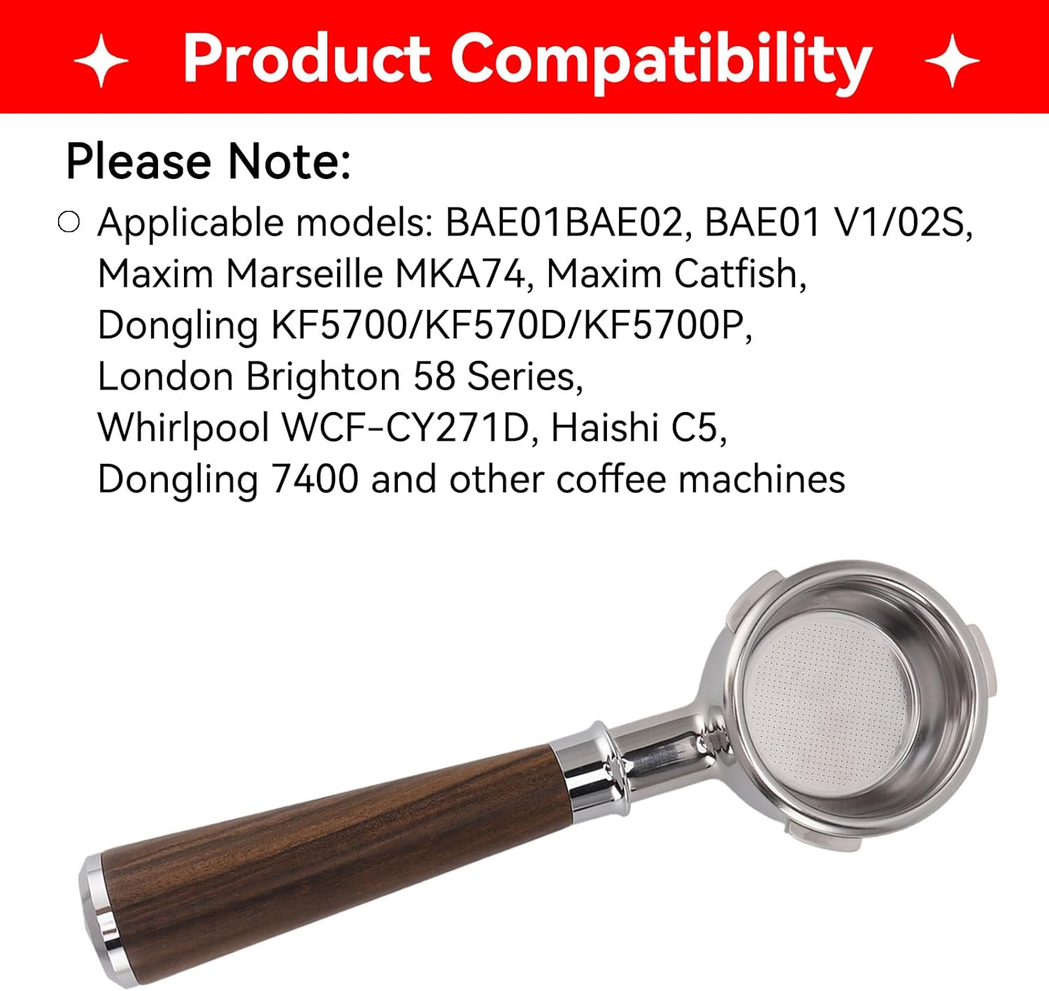 58mm Bottomless Portafilter,3 ears 58mm Portafilter Stainless Steel portafilters and Walnut wood Handle Espresso Machine Accessories (#2)